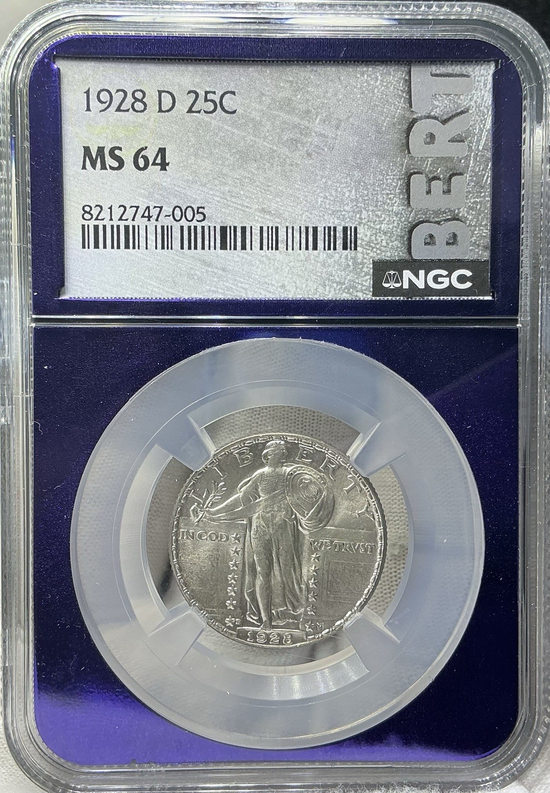 1928 D standing liberty quarter NGC BERT purple Core MS64