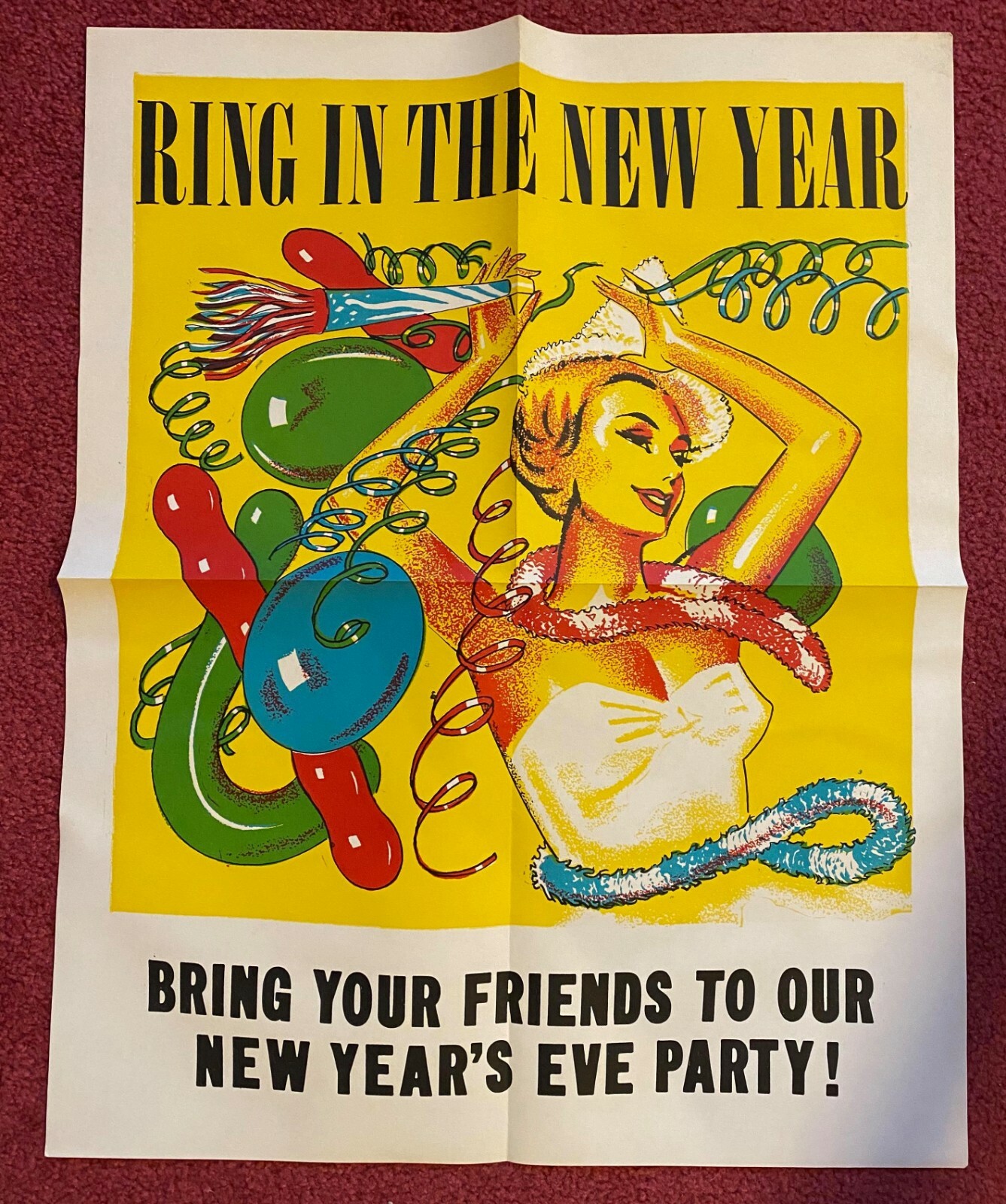 Vintage 1950's New Year's Eve Party Poster - 19" x 24" Unused Store Stock