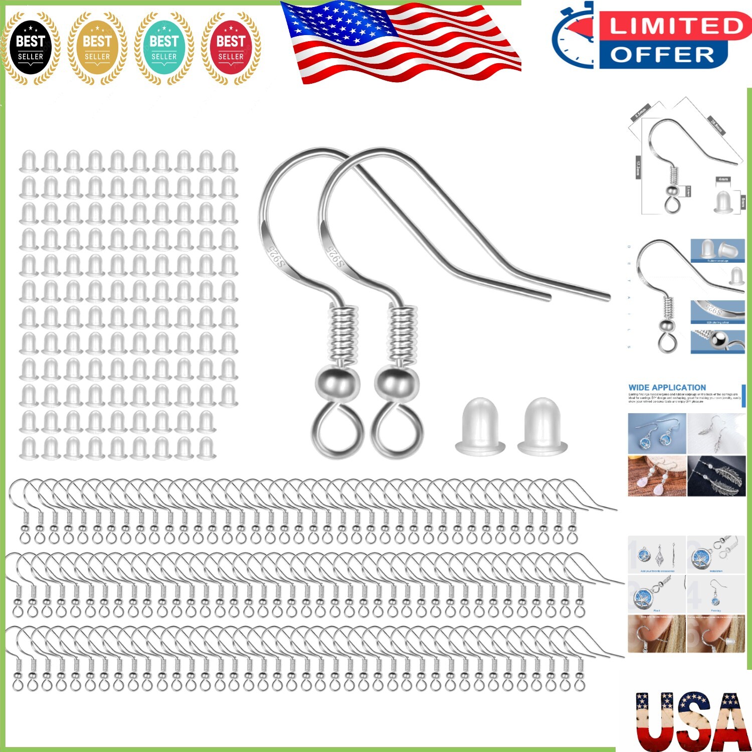 Quality 925 Sterling Silver Fish Hook Earrings – 120 PCS + Clear Silicone Backs