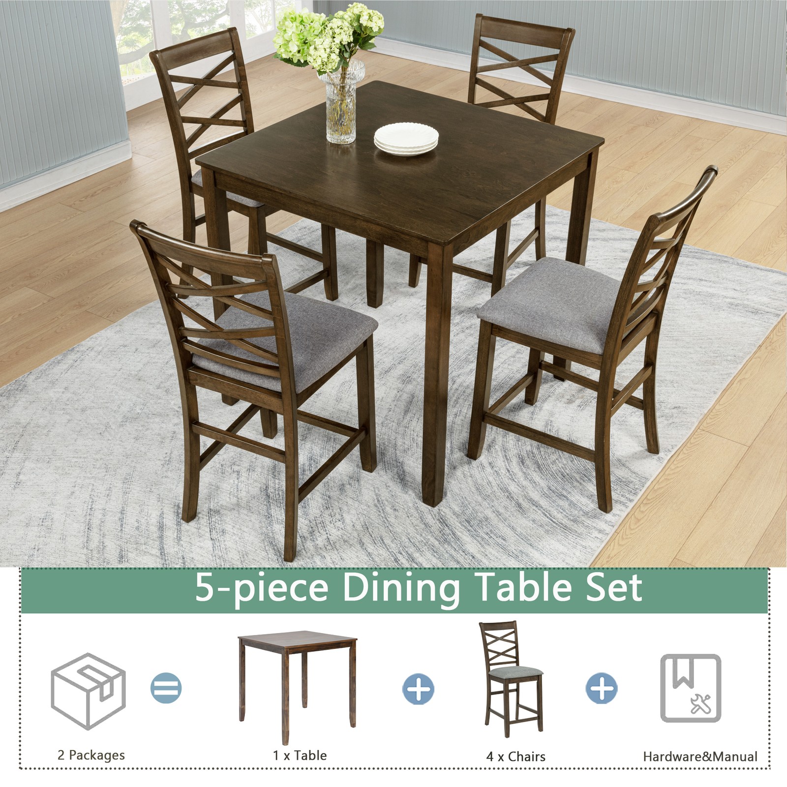 5-Piece Counter Height Square Wooden Dining Table Set w/ 4 Upholstered Chairs