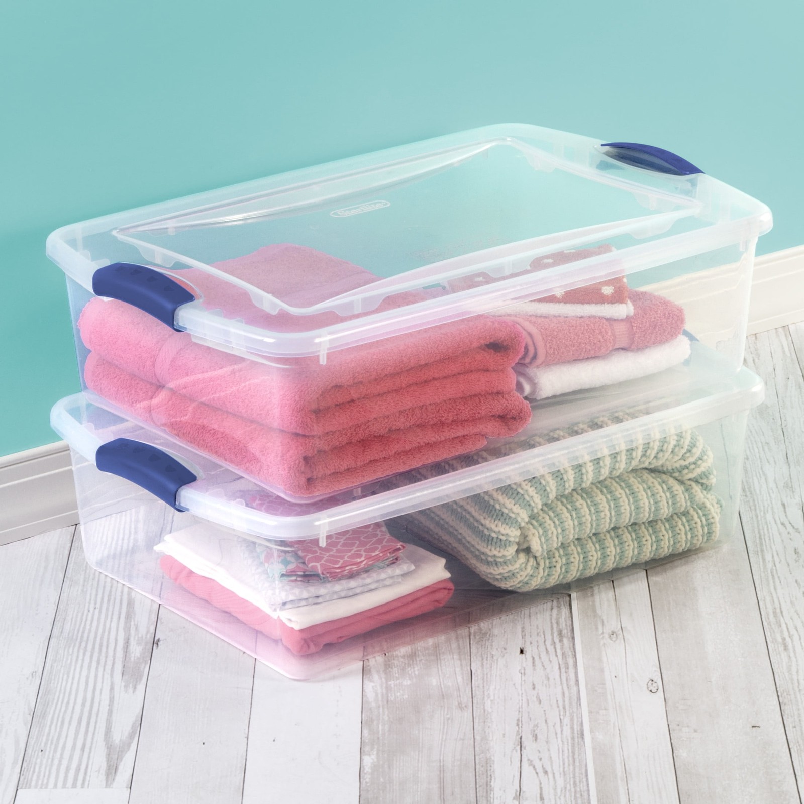 32 Quart Clear Storage Bin, Latching Lid Container, Blue