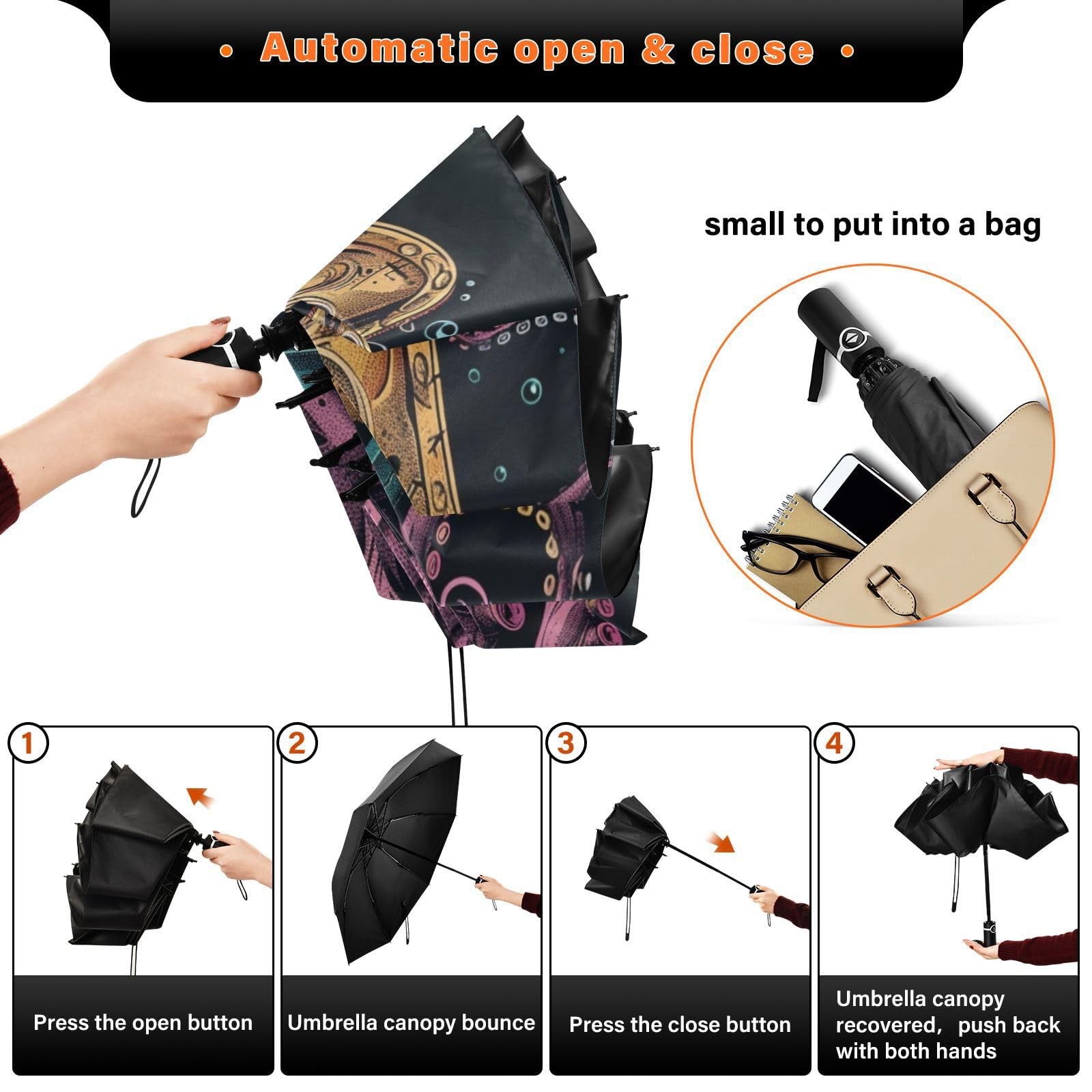 Large Windproof Umbrella Auto Open Folding Umbrella, 8 Ribs Rain Proof Revers...
