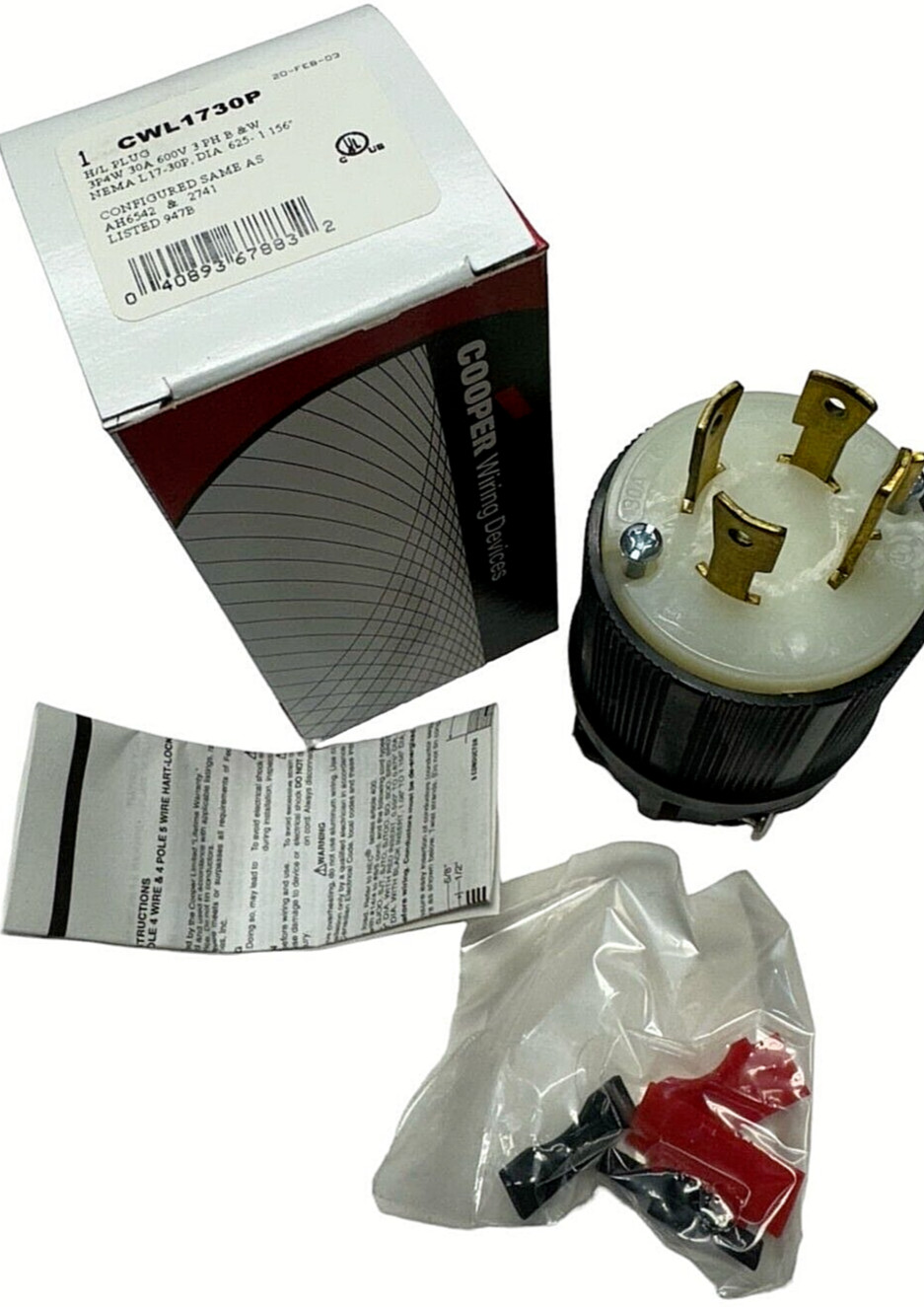 Cooper CWL1730P Turn & Pull H/L Plug 3 Pole 4-Wire 30A, 600V  Black & White