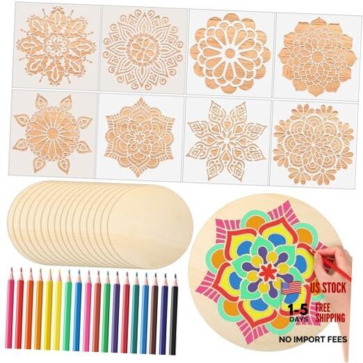 Watersay 42 Pack 6 Inch Wood Mandala Painting Set 8 Plastic Mandala Stencil 18