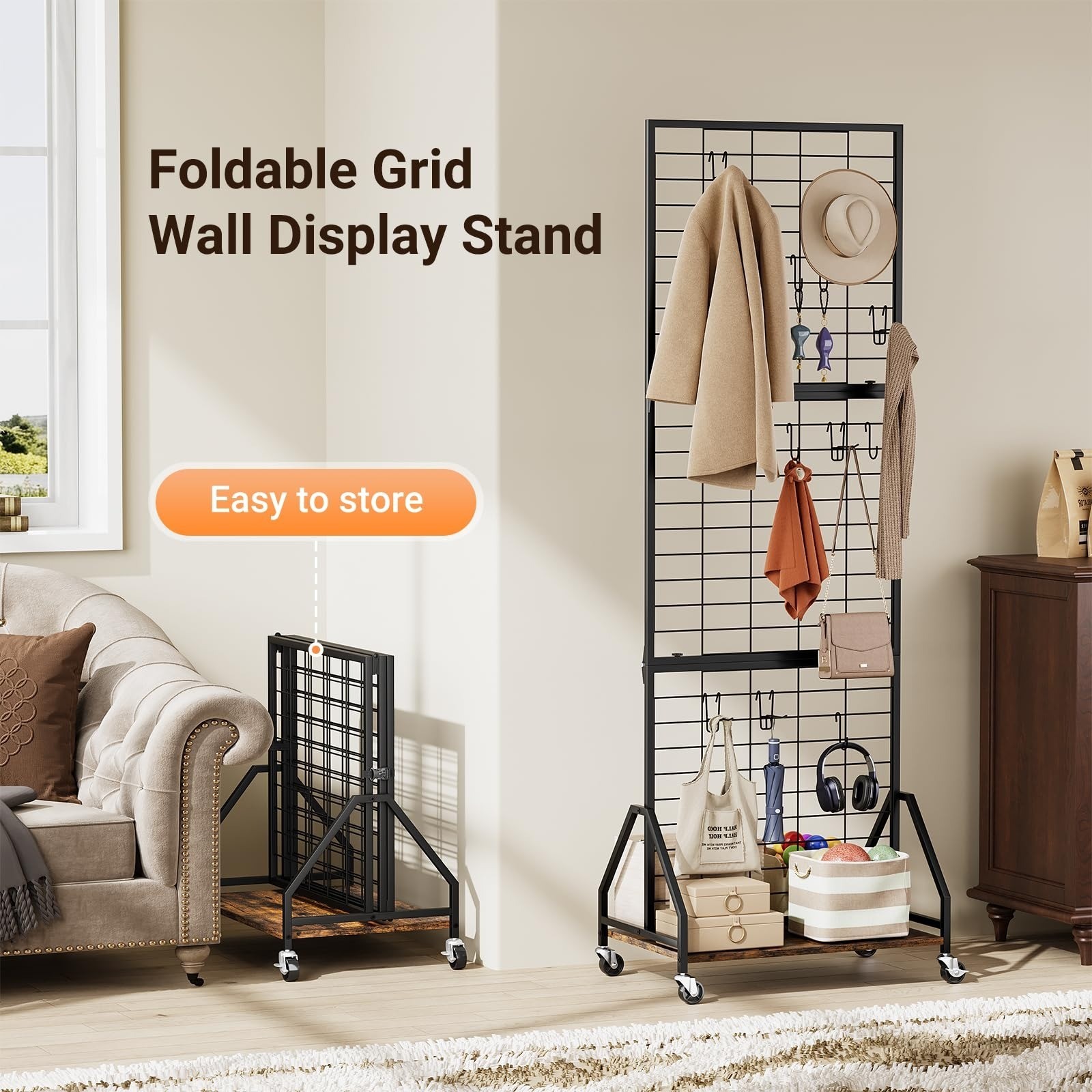 ELYKEN Foldable Grid Wall Panels Display Rack with Wheels & Storage Shelf