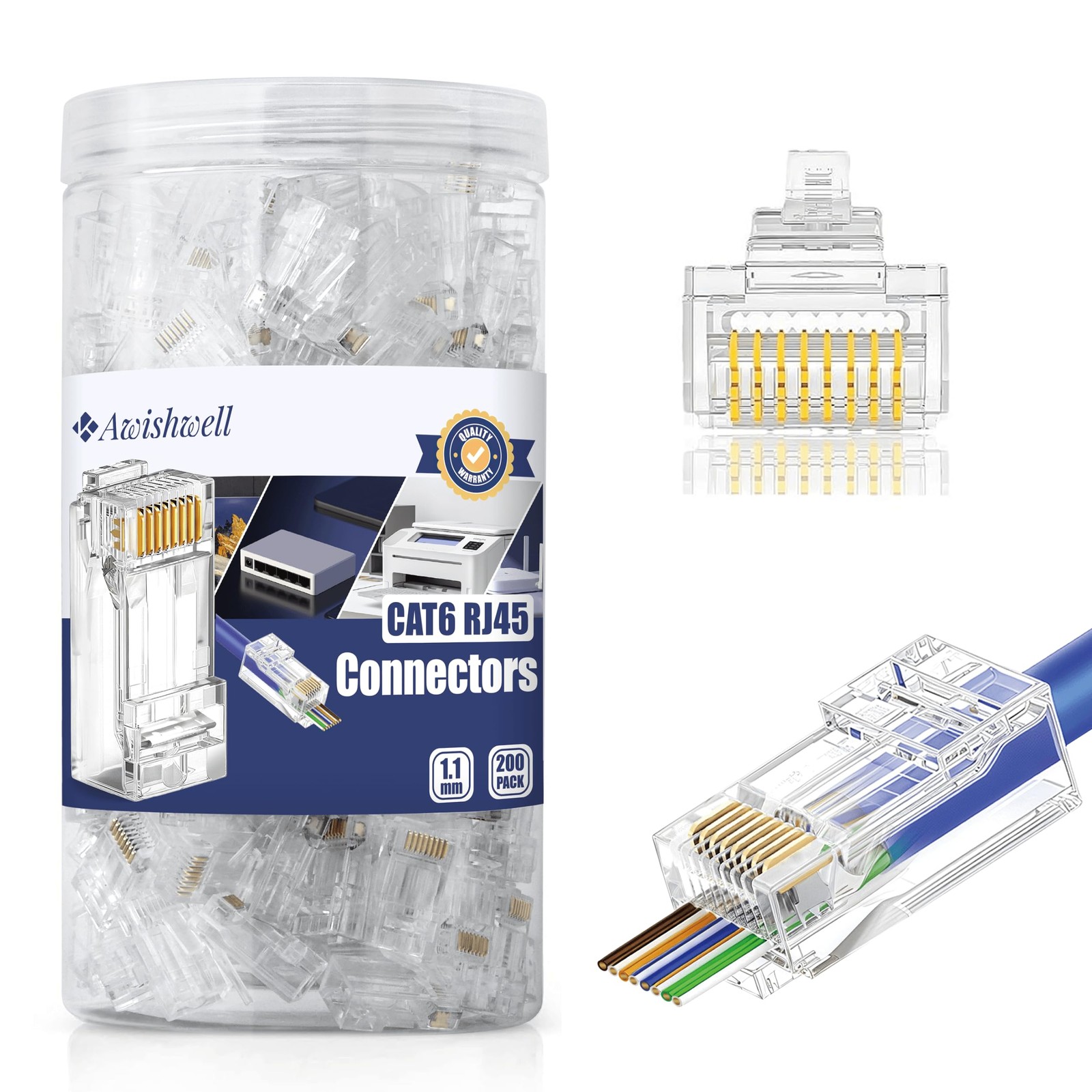 200 PCS Cat6 RJ45 Pass Through Connector Plugs Network Solid Stranded UTP