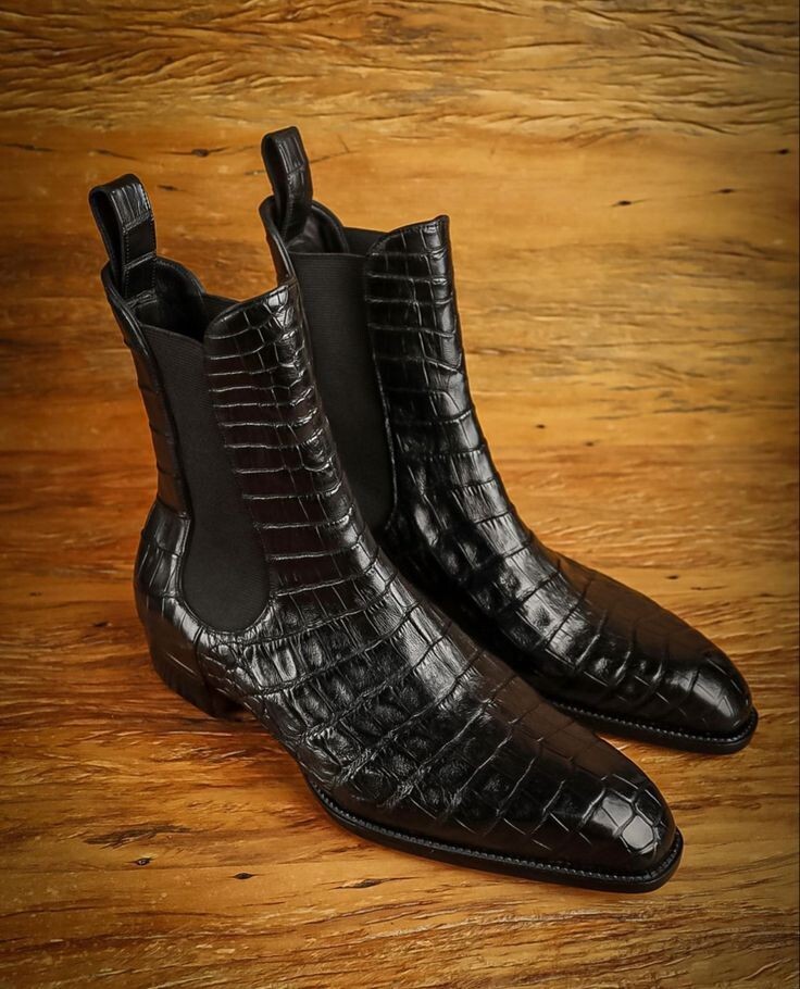 Handmade Mens Black crocodile print leather chelsea boots, Men dress boots