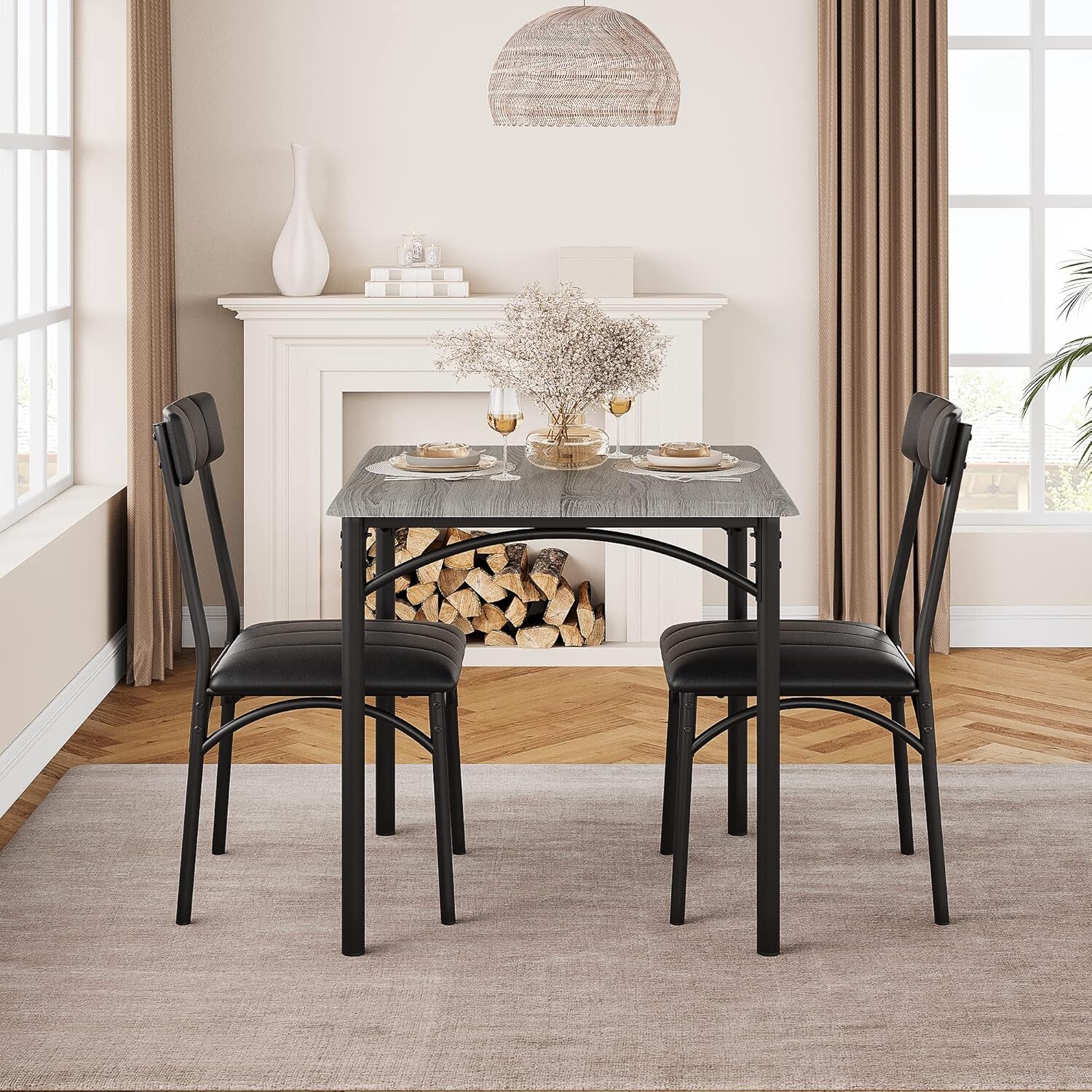 Modern Square 3Pcs Dining Set for 2 w/Upholstered Chairs, Compact, Easy Assembly