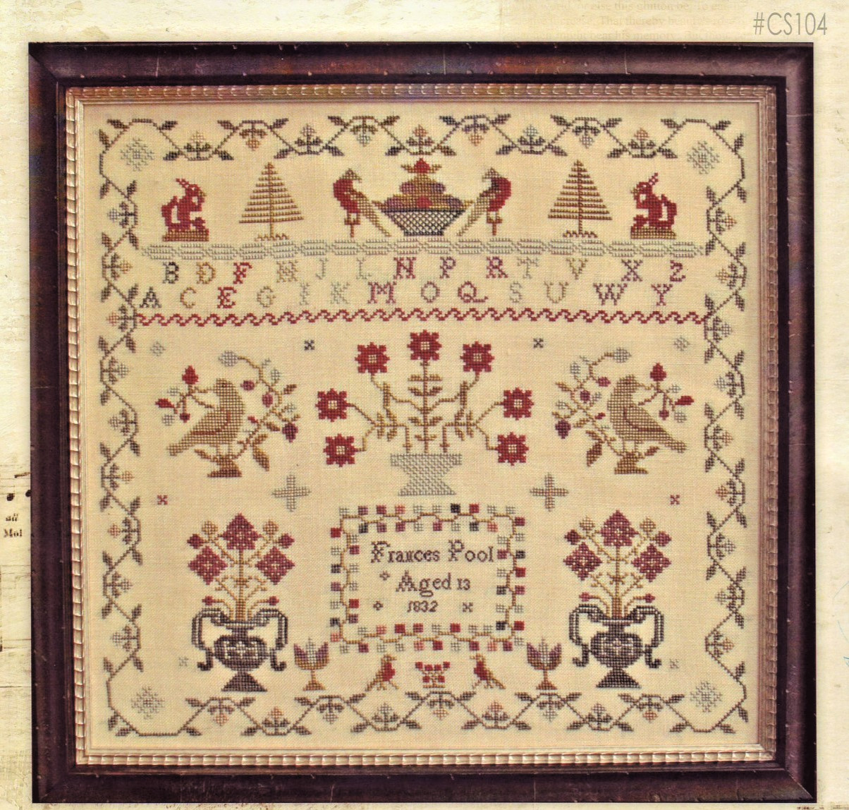 Frances Pool 1832 Cross Stitch Pattern Sampler Primitive ABC Flowers Birds