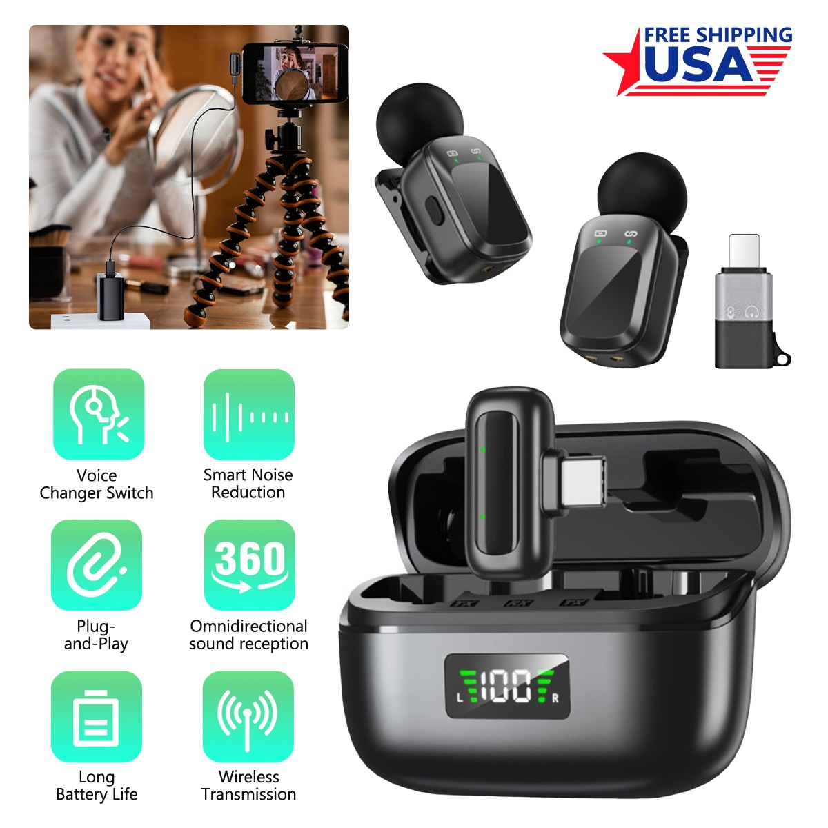 Wireless Microphone Mini Mic for iPhone/Android Phone, LED Display Lavalier Mic