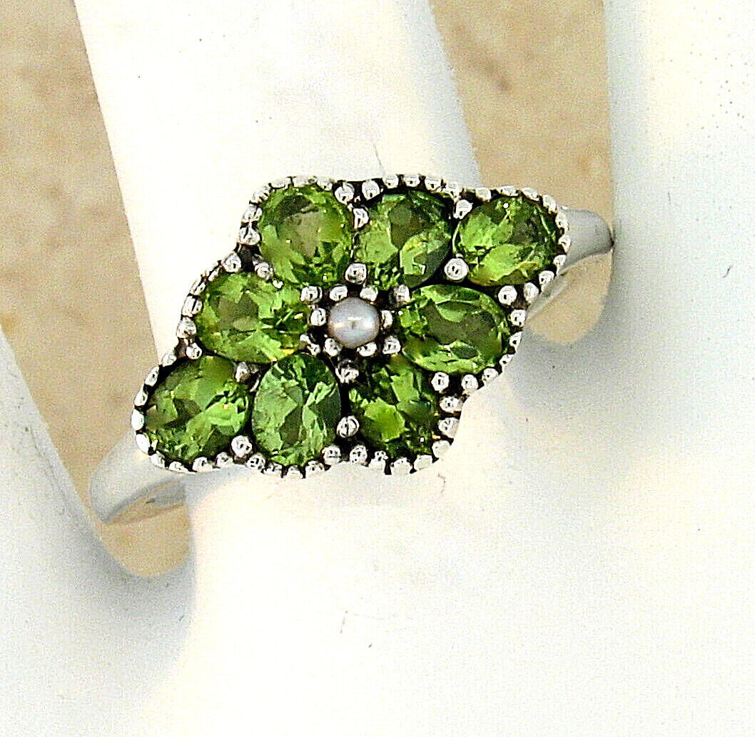 GENUINE PERIDOT & PEARL ANTIQUE STYLE 925 SOLID STERLING SILVER RING        419X