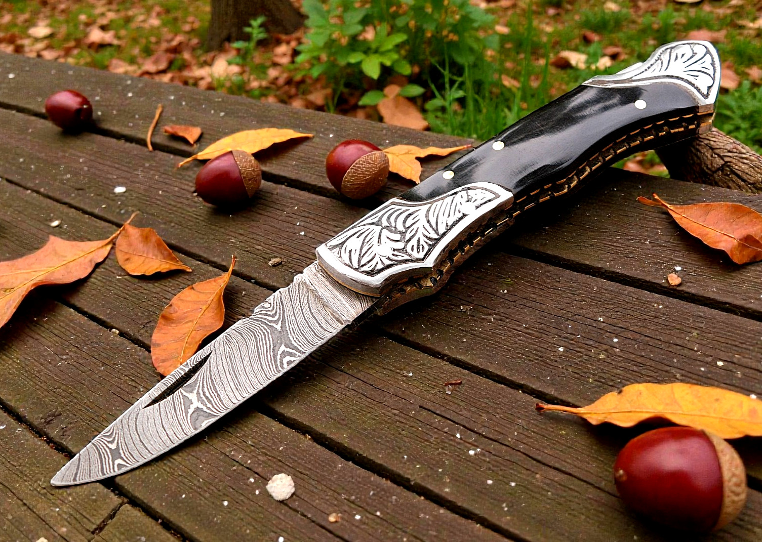 CUSTOM MADE FORGED DAMASCUS STEEL FOLDING POCKET KNIFE W BULL HORNE HANDLE 845