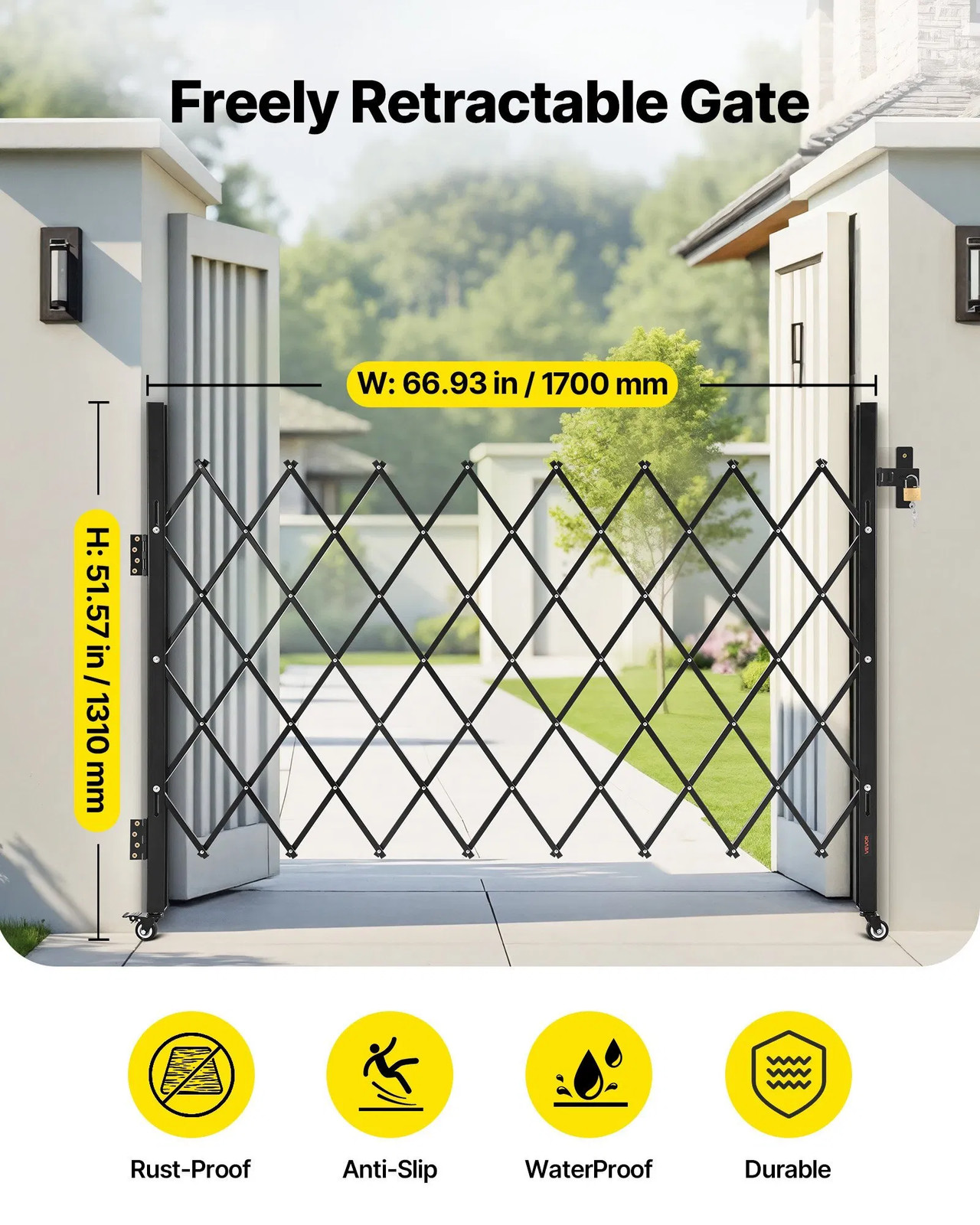 Single Folding Security Gate, Lockable Scissor Gate with 360?° Swivel Caster