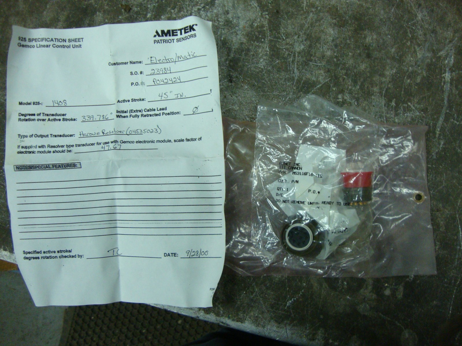 Ameteck Gemco Linear Control Unit Kit Part # MS3116F18-11S 19571MO