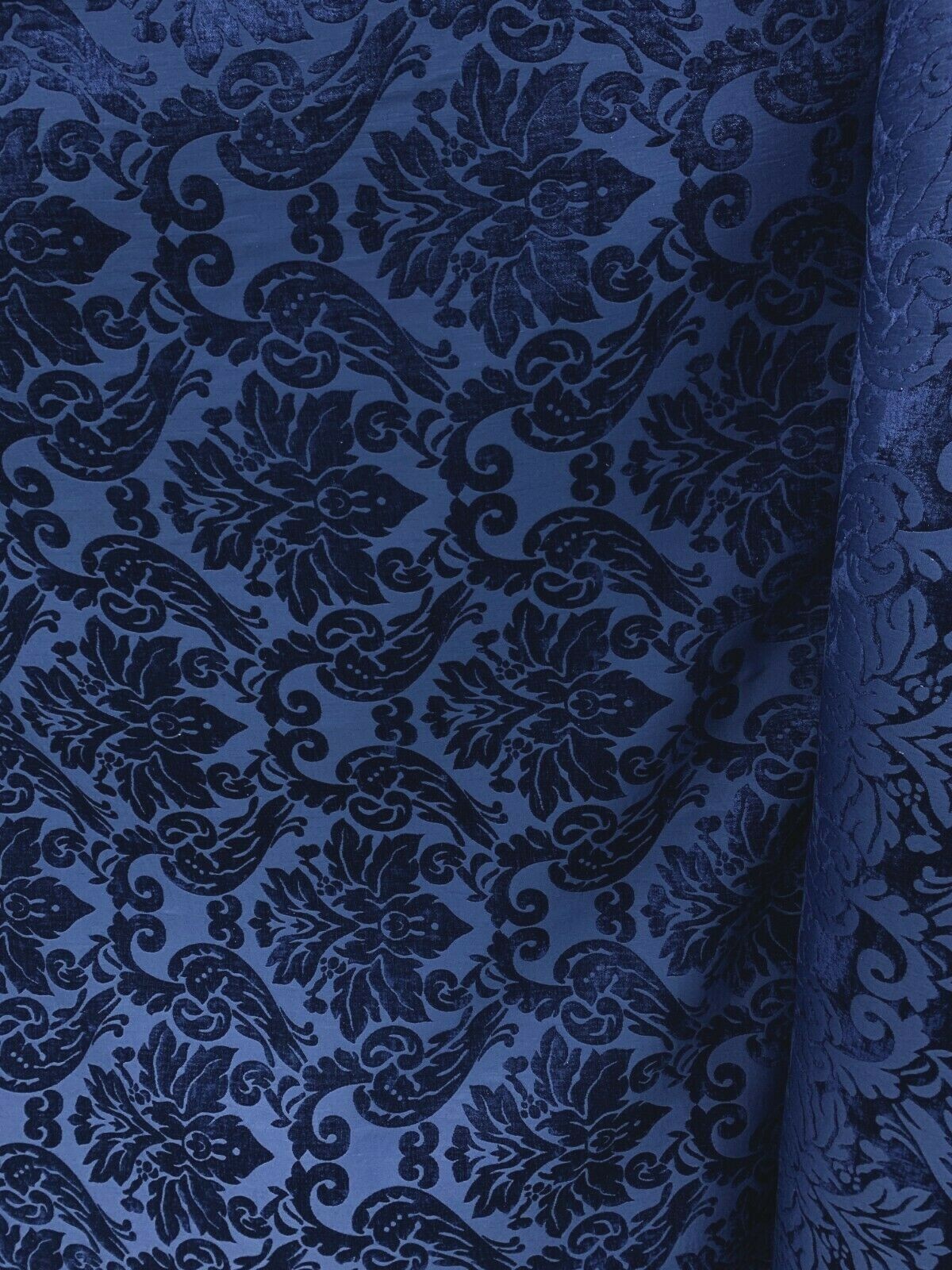 DARK BLUE DAMASK CHENILLE UPHOLSTERY BROCADE FABRIC (54 in.) Sold By The Yard