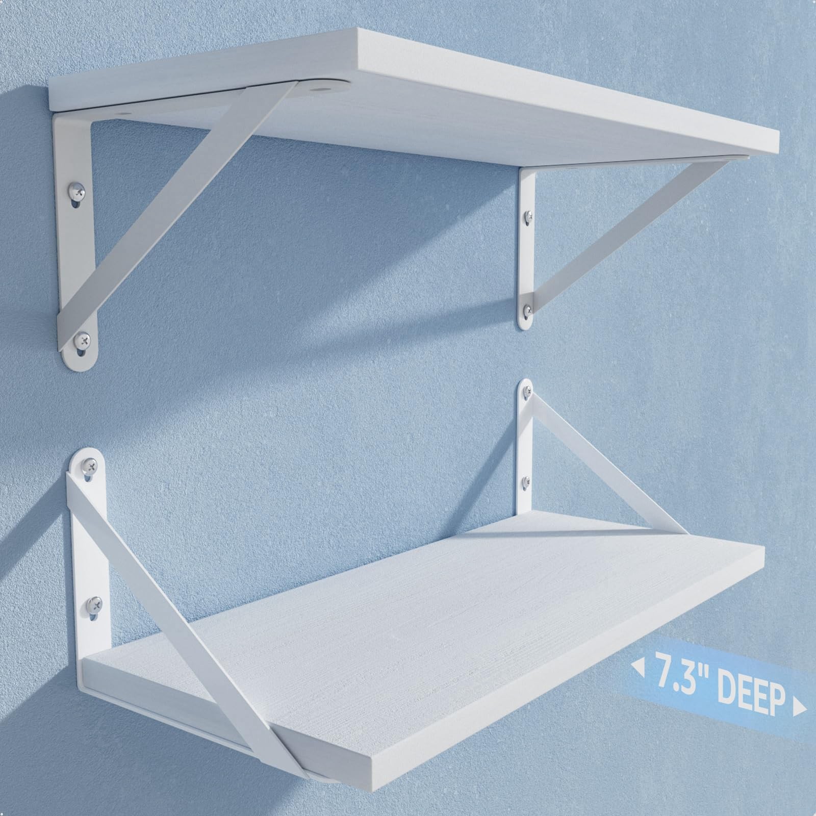 2 Pack White Wall Shelves, 7.3 Deep, Solid Paulownia Wood, Wall Mounted