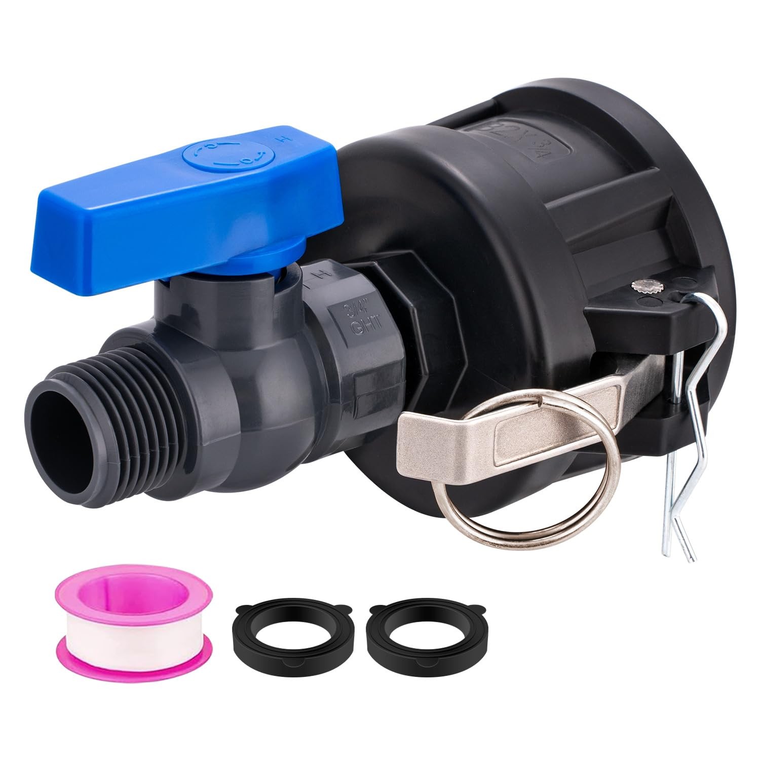 IBC Tote Adapter, 2" Cam Lock+3/4" Ball Valve, Valve