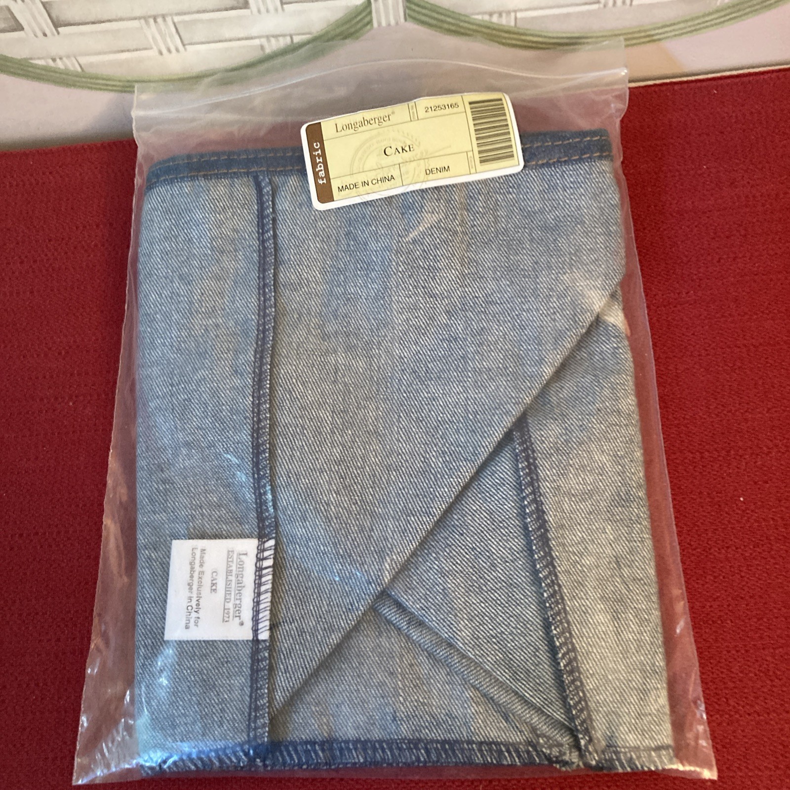 Longaberger  DENIM BLUE JEAN CAKE OVER THE EDGE 2 HANDLE BASKT LINER NEW ORG PKG