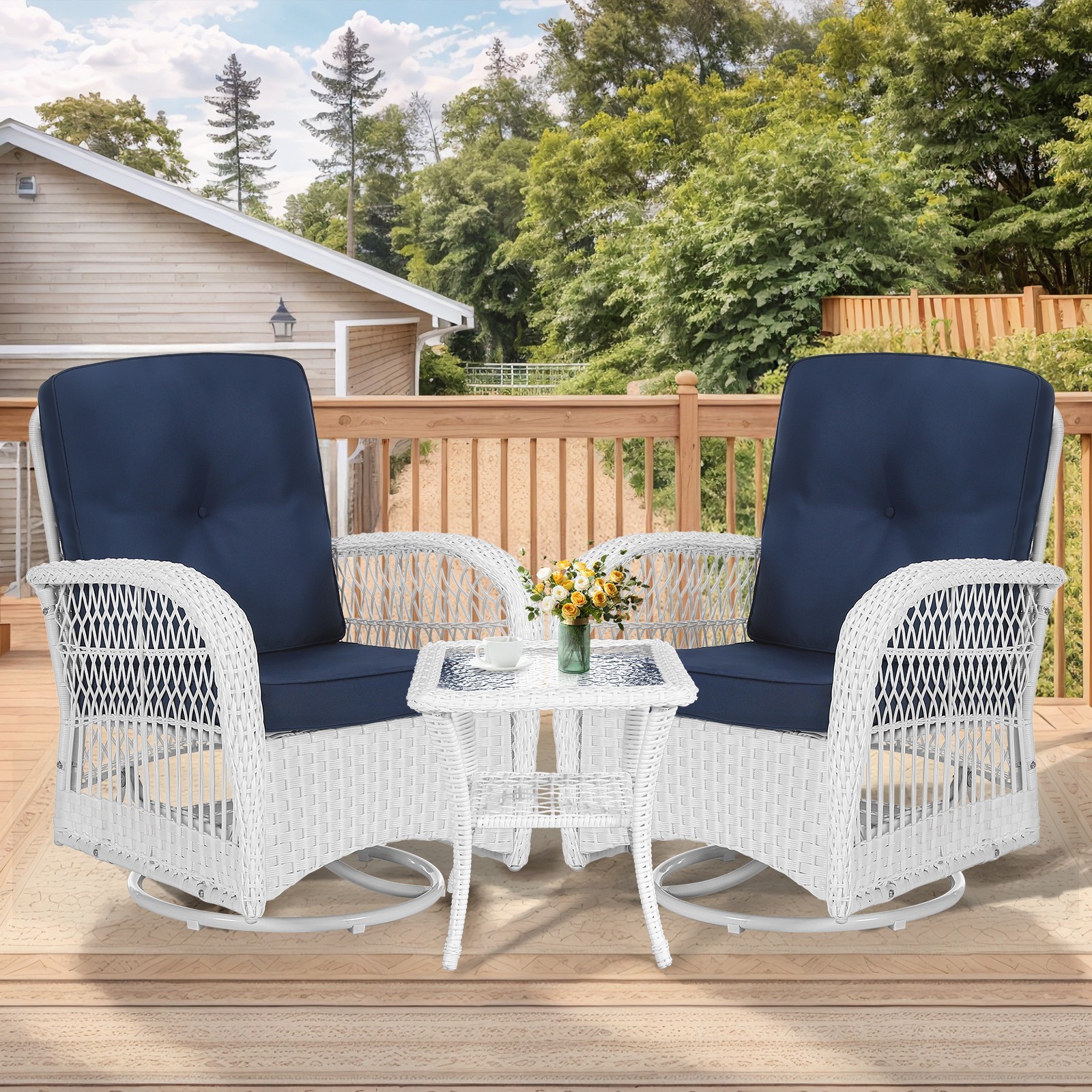 3 PCS Outdoor Wicker Swivel Rocker Patio Set 360° Swivel Rocking Chair w/ Table