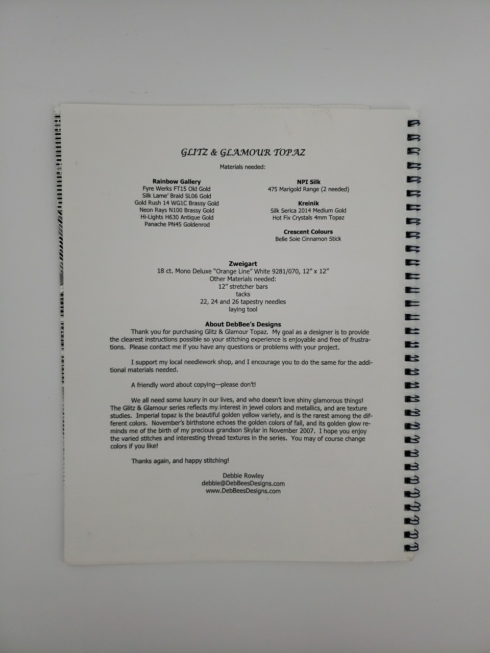 DebBee's Designs DD-140C Glitz & Glamour Topaz Canvaswork Chart