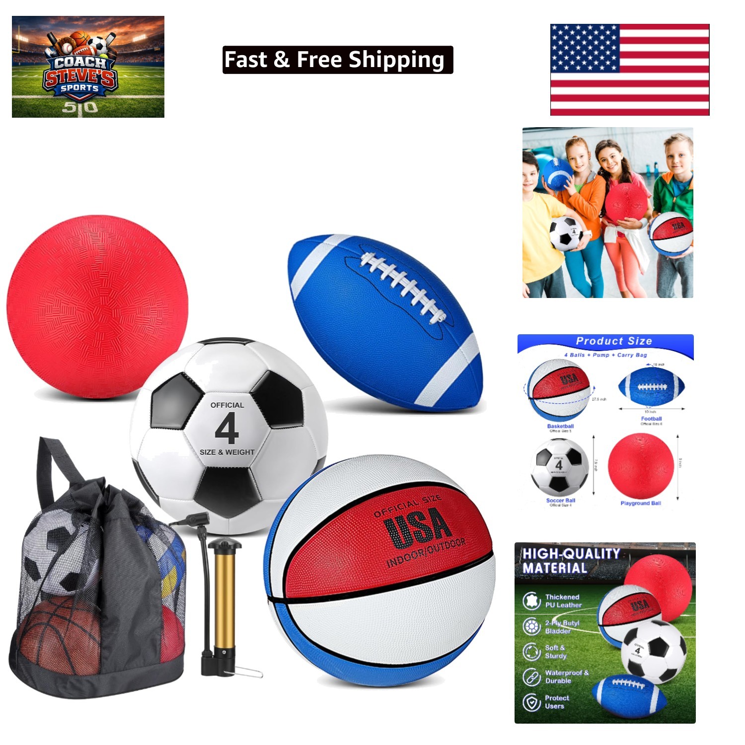 4-Piece Kids Sport Balls Set: Basketball, Soccer, Football & Bag - Bright Colors