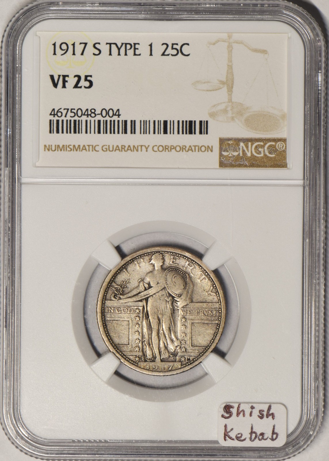 1917-S Type 1 Standing Liberty Quarter NGC VF-25; Shish Kebab Variety, FS-401