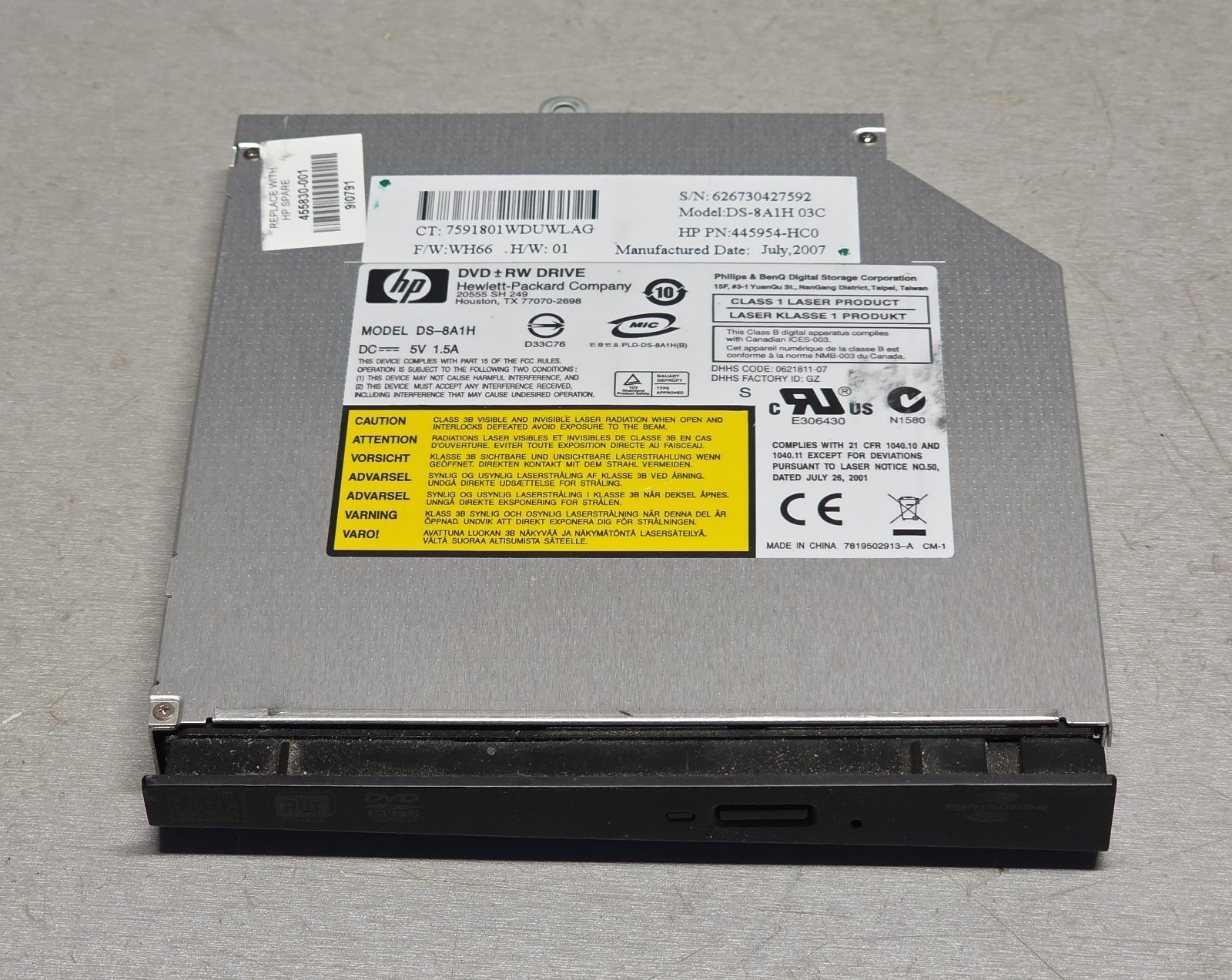 HP DS-8A1H DVD±RW LightScribe Laptop Optical Drive SATA 445954-HC0