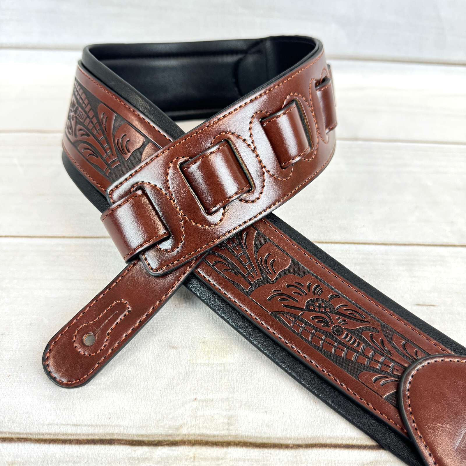Walker And Williams G-110 Mahogany Brown Padded Strap with Embossed Tooling 
