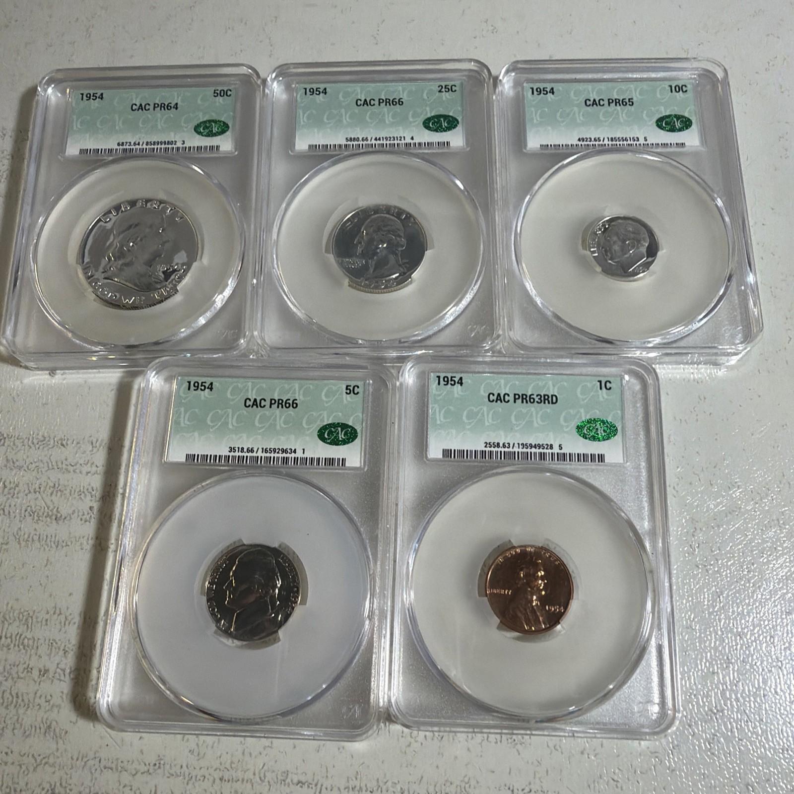 1954 Proof Set CAC Pr 64, 66, 66, 66, 63 Red
