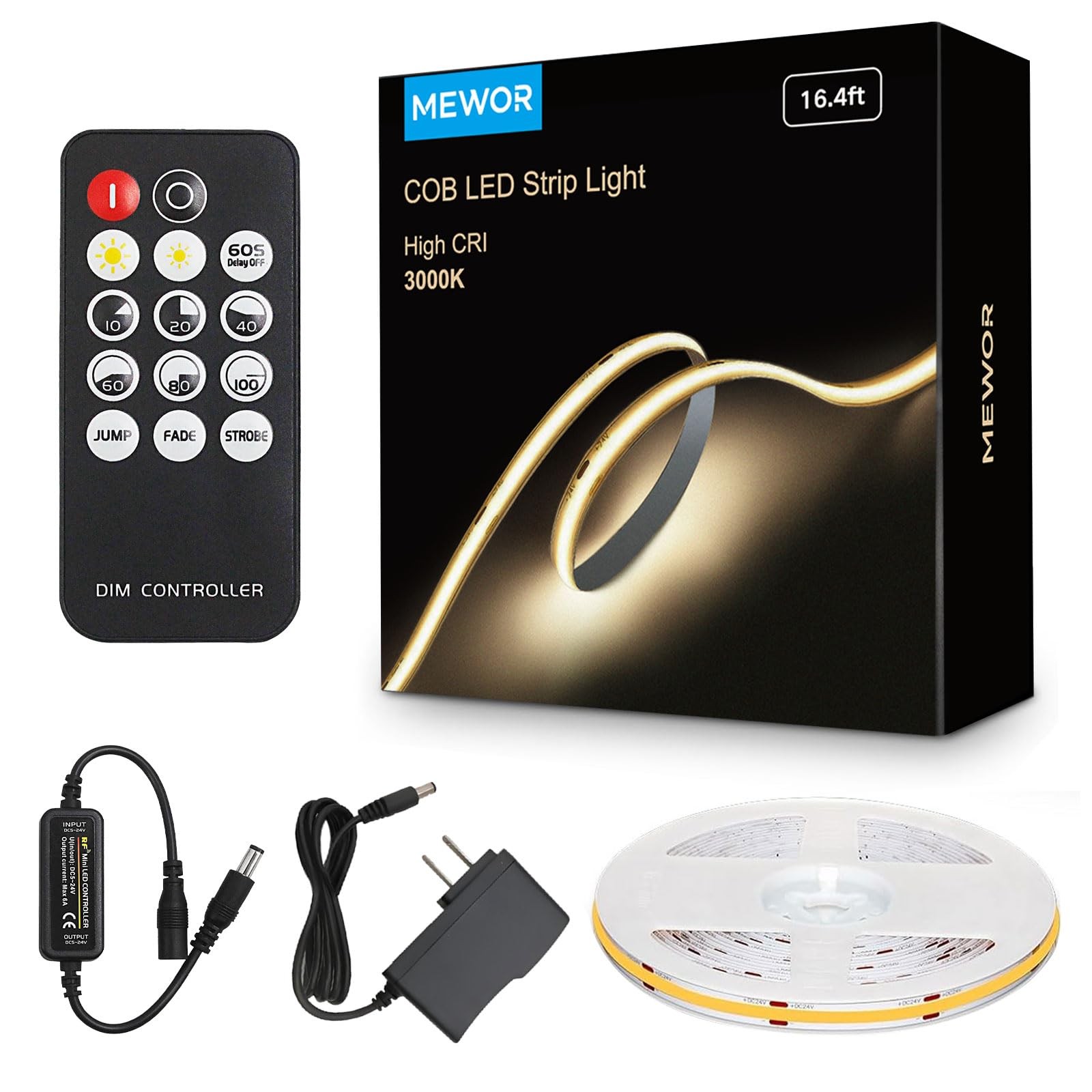 COB LED Strip Light with Remote, 16.4ft, 3000K Dimmable, Warm White LED Light...
