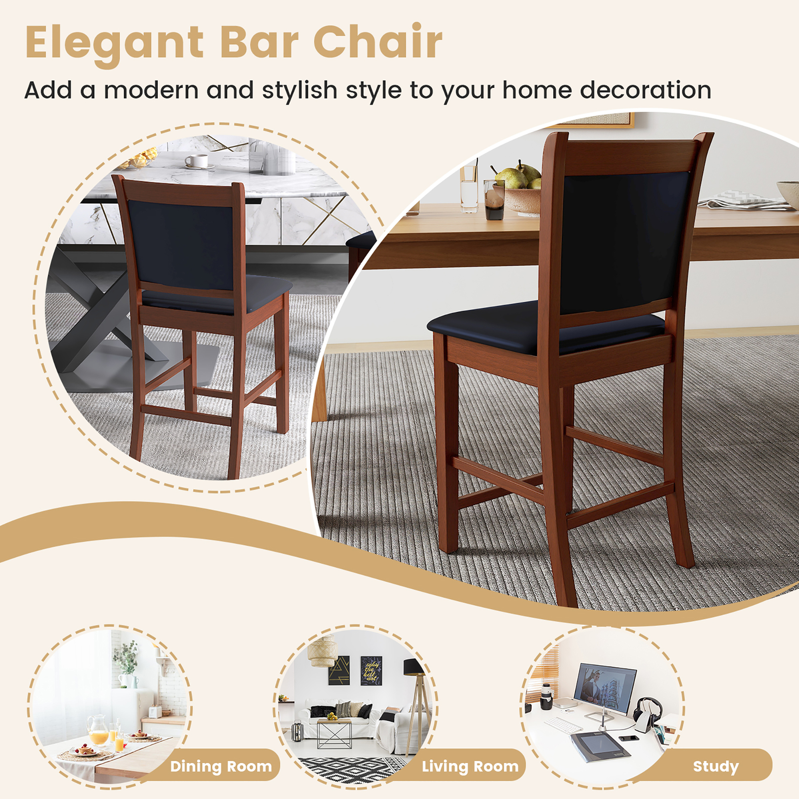 Upholstered Counter Stool Set of 2 w/ Solid Rubber Wood Frame Ergonomic Backrest