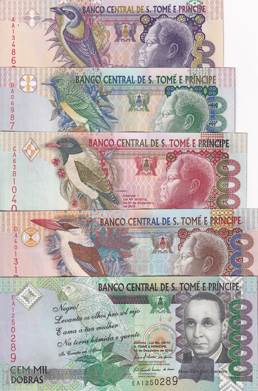 St.Thomas & Prince Set 5 UNC 5000-100000 Random Date P 65 66 67 68 69 Sao Tome