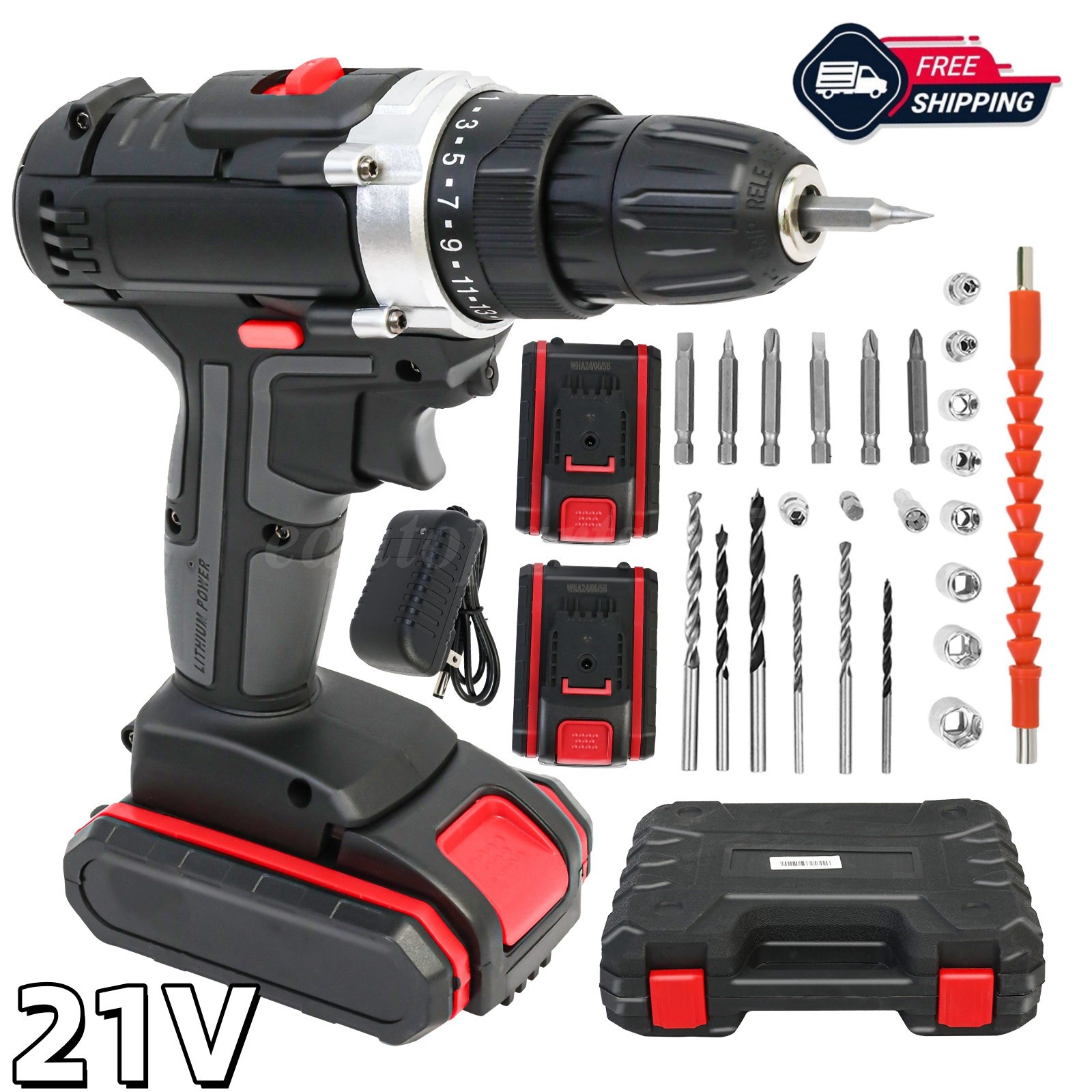 21V Electric Hammer Drill Cordless Impact Driver Combo Kit W/2 Batteries&Charger