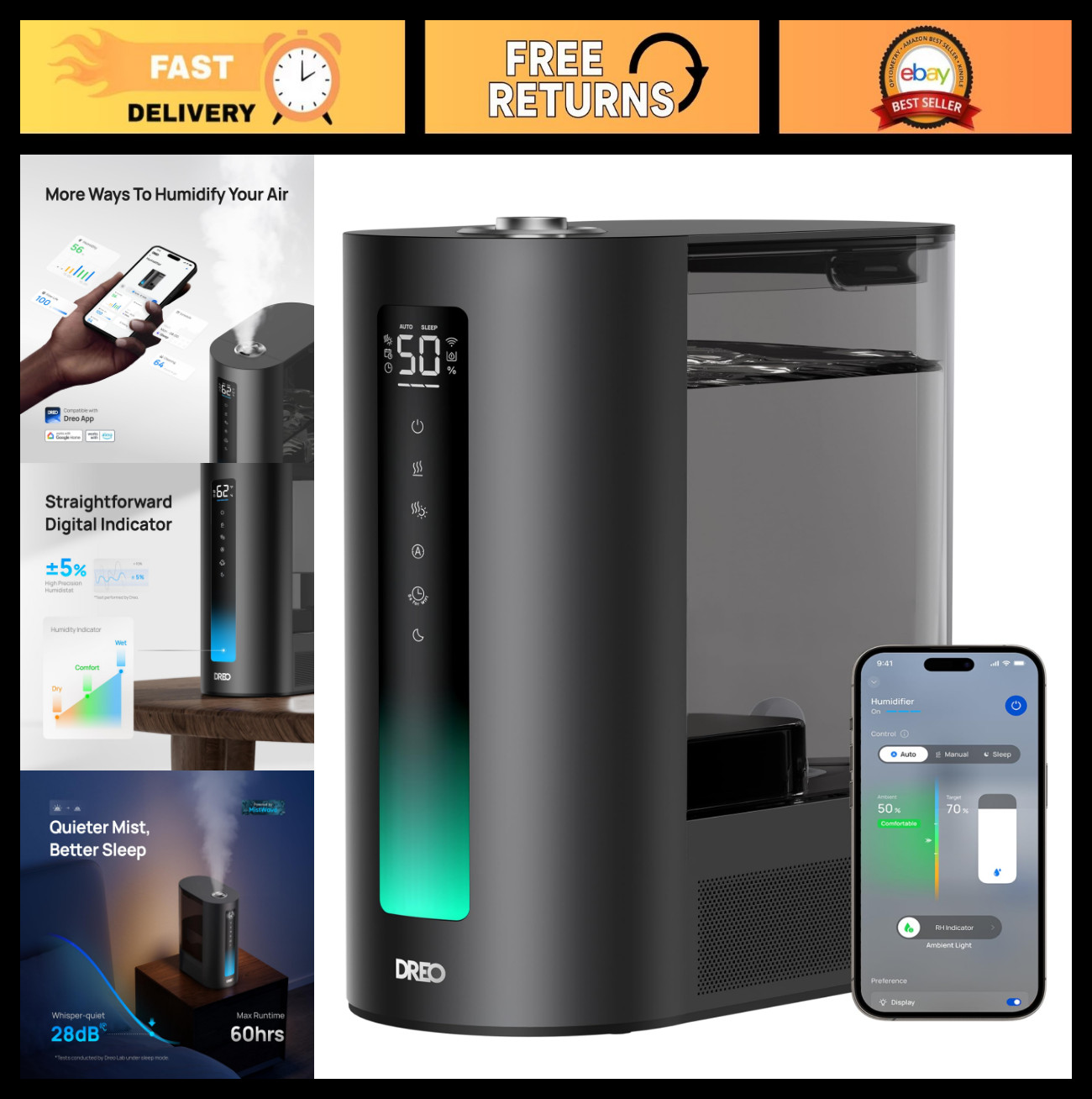 6L Smart Humidifier for Bedroom, Warm & Cool Mist, 60-Hour Quiet, App Control, A