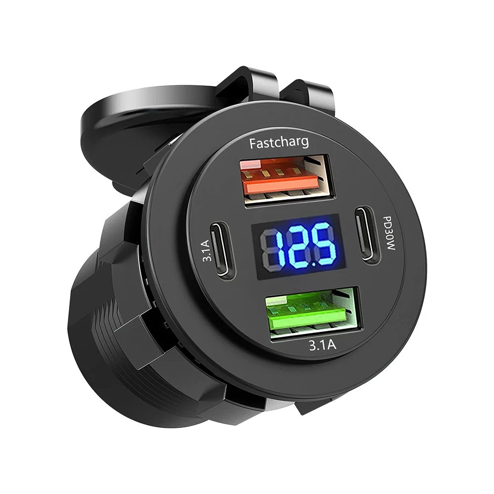 12-24V 4 Port Fast Car Charger QC3.0 & PD USB C Outlet Socket for Boat RV Marine