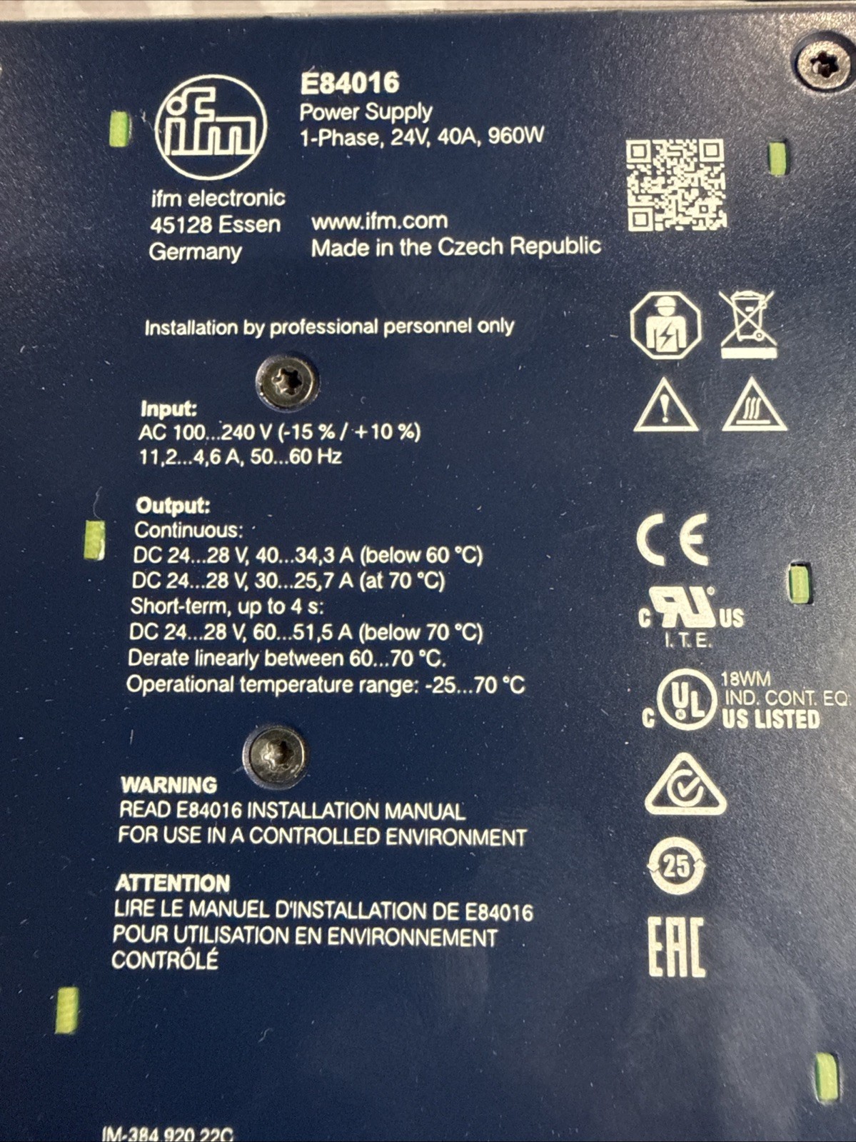 IFM Electronic Power Supply Part No. E84016