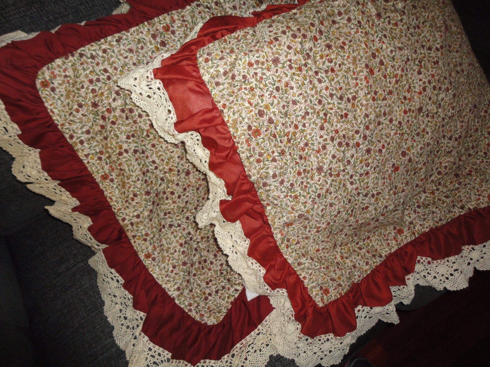 CROCHETED RUFFLED LACE BURNT ORANGE CREAM FLORAL (2) STANDARD PILLOW SHAMS