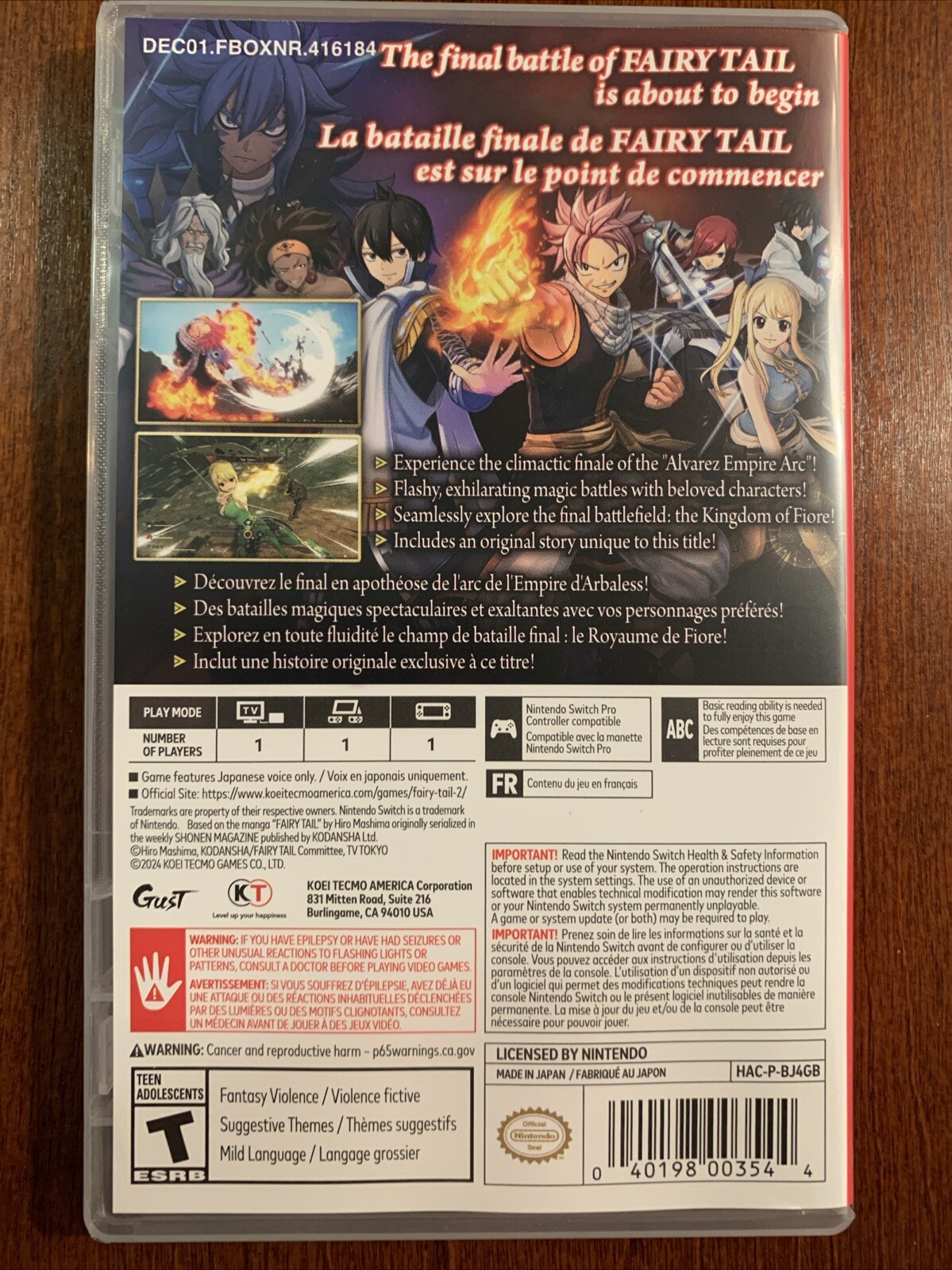 Fairy Tail 2 - Nintendo Switch / Case ONLY / No Game / Authentic USA / Fast Ship