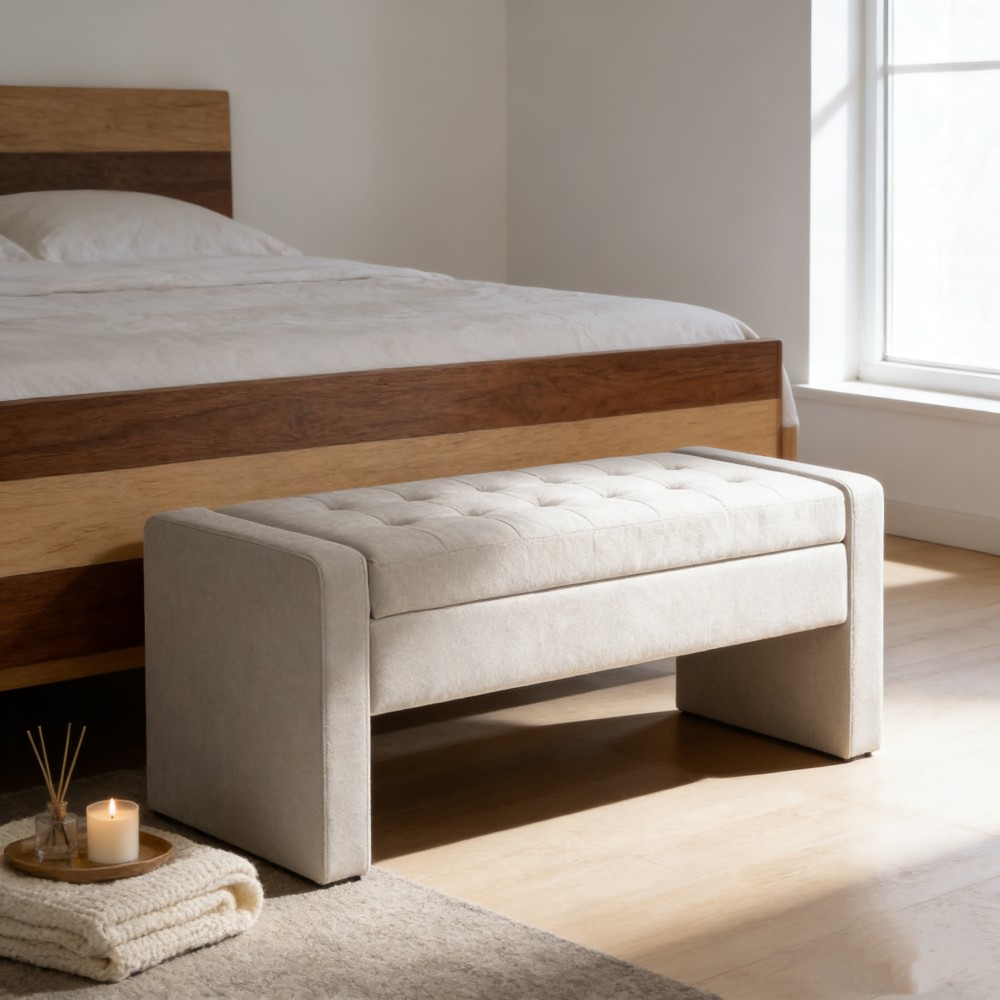 50" Modern Upholstered Storage Bench with Tufted Seat, Fabric Ottoman Bench