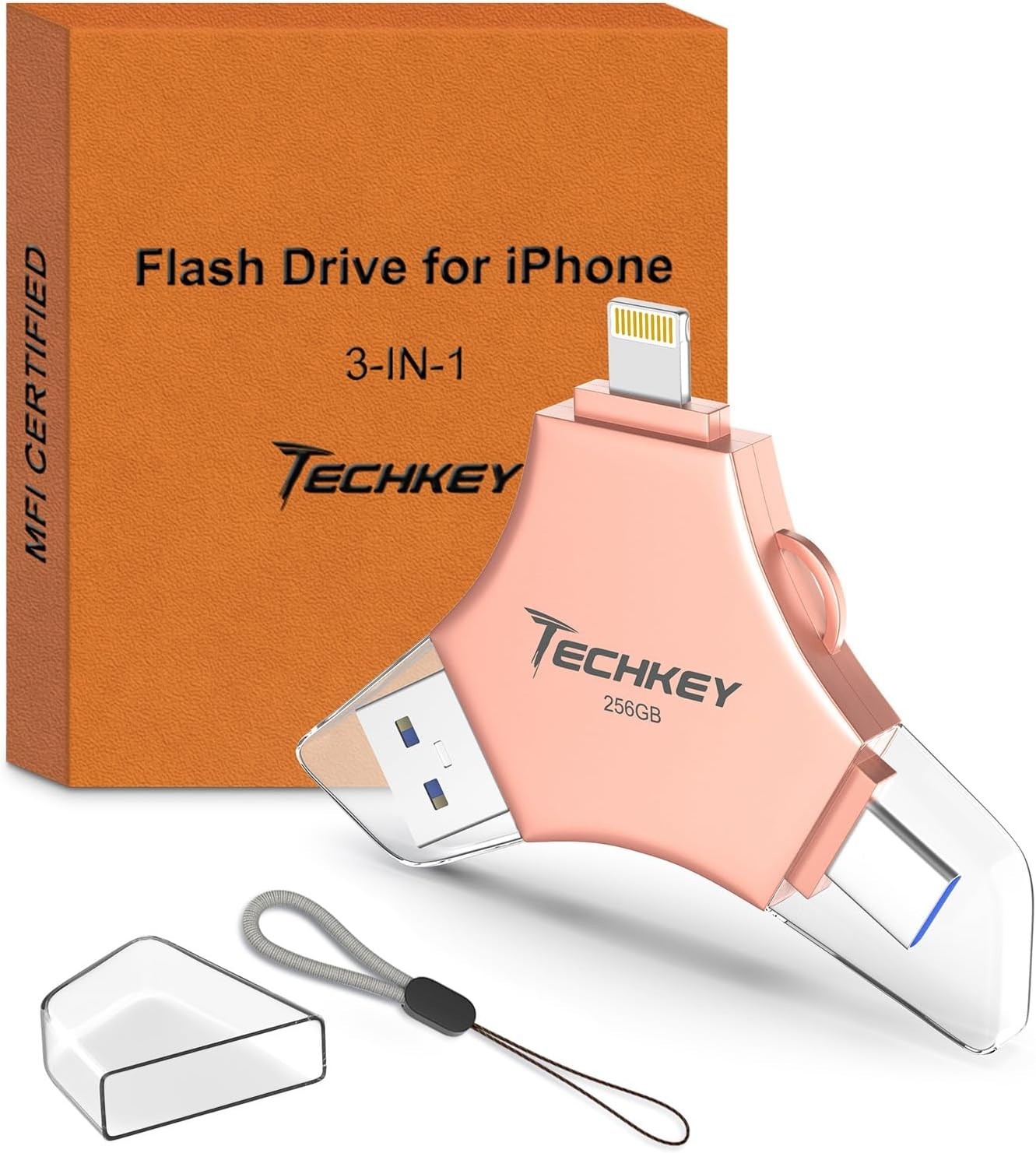 MFi Certified USB 3.0 Flash Drive 256GB for iPhone 3in1 External Memory Photo Ke