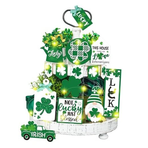 15 Pcs Irish St. Patrick's Day Decorations: Wooden Tiered Tray Decor, Gnomes
