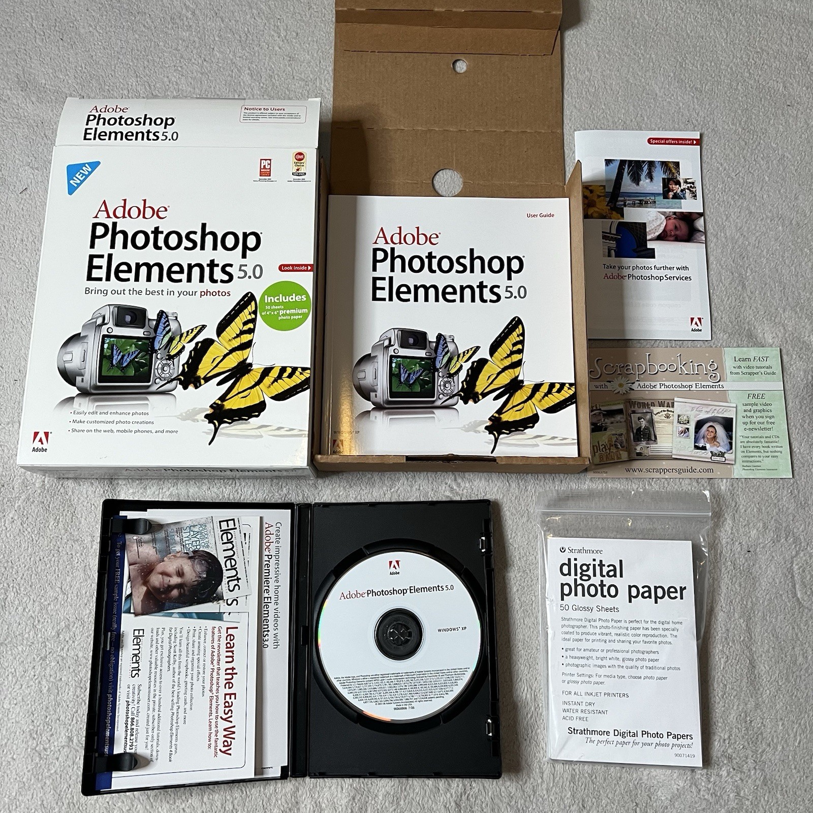 Adobe Photoshop Elements 5.0 PC Software & Manual w/Inserts & Serial Numbers