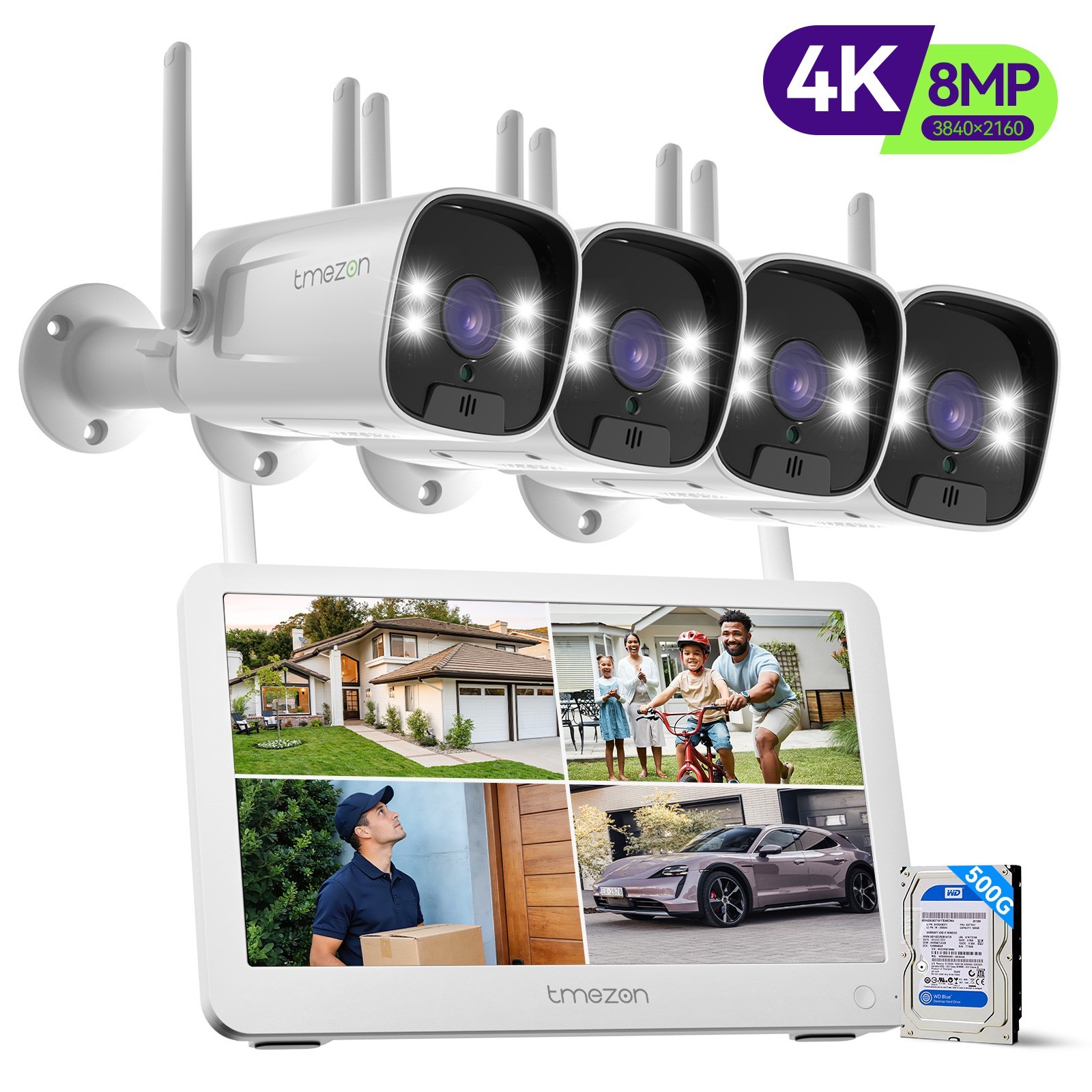 TMEZON 8MP 10CH WIFI NVR 12'' Monitor Wireless Security Camera System Audio 500G