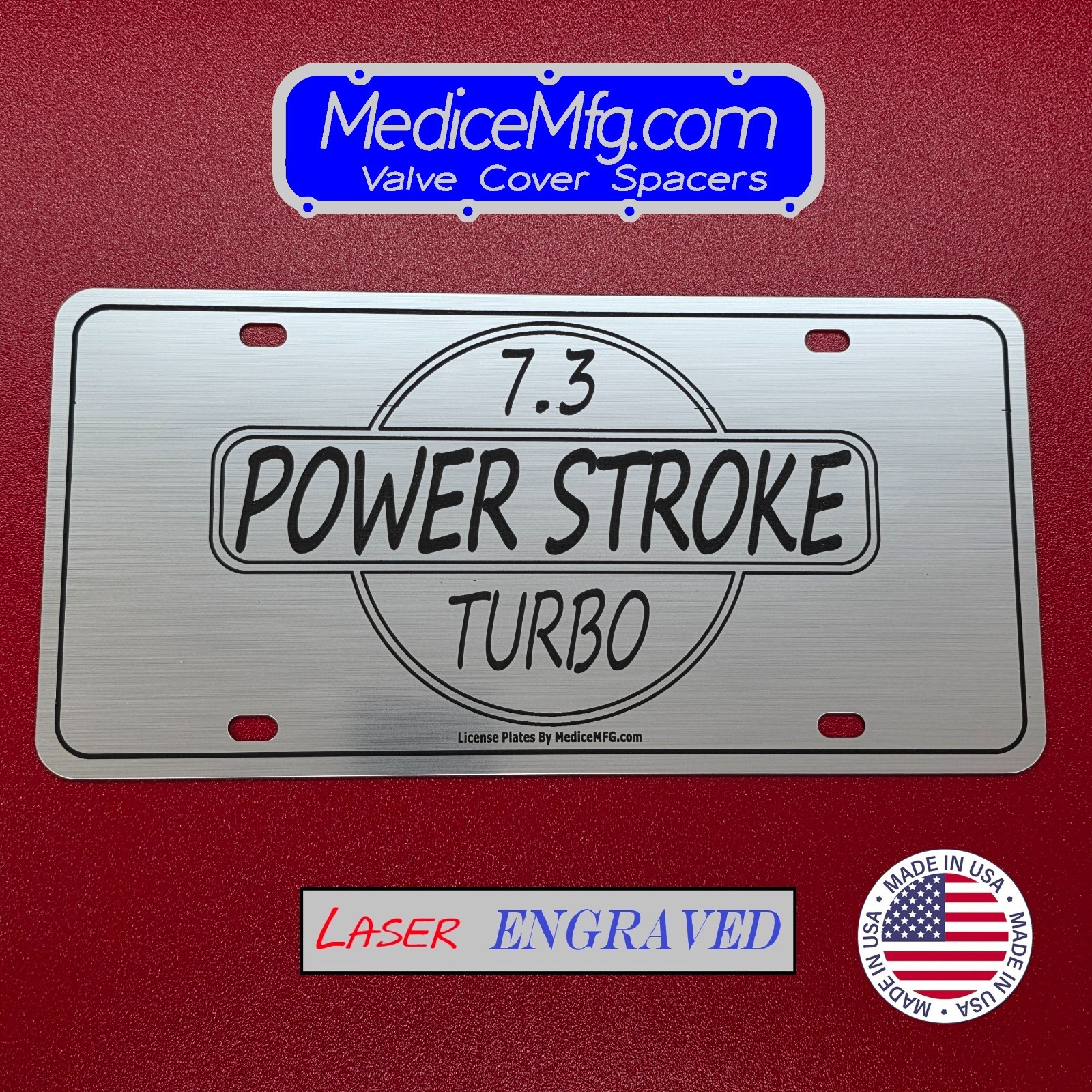 "7.3L POWER STROKE" Ford Diesel License Plate Tag Engraved Brushed Silver Black