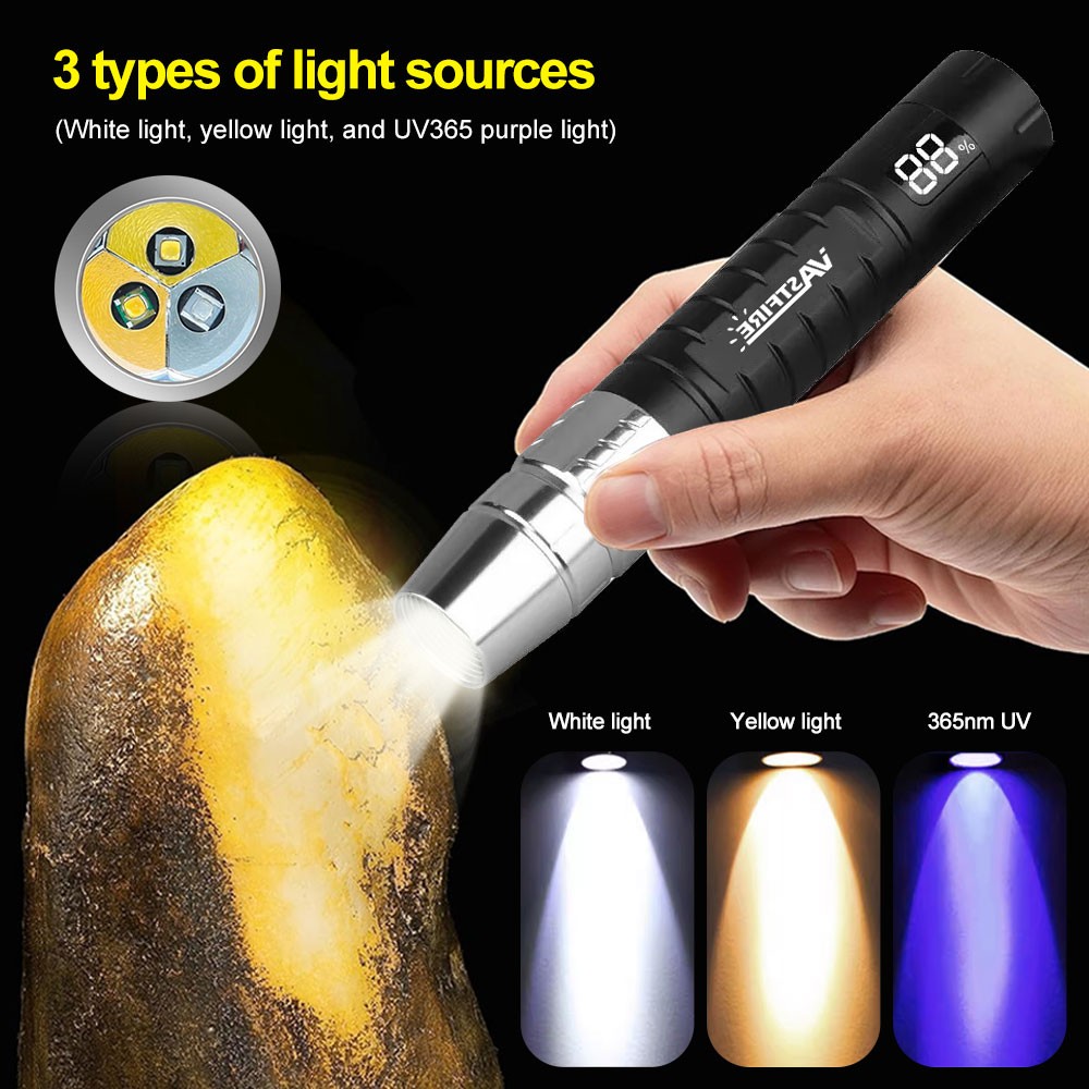 White Yellow UV Light 365nm LED Flashlight Torch USB Charging Gemologist Tool US