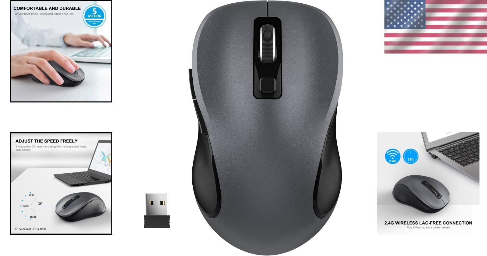 Lightweight Grey Wireless Computer Mouse for Laptops - 3 Adjustable Levels