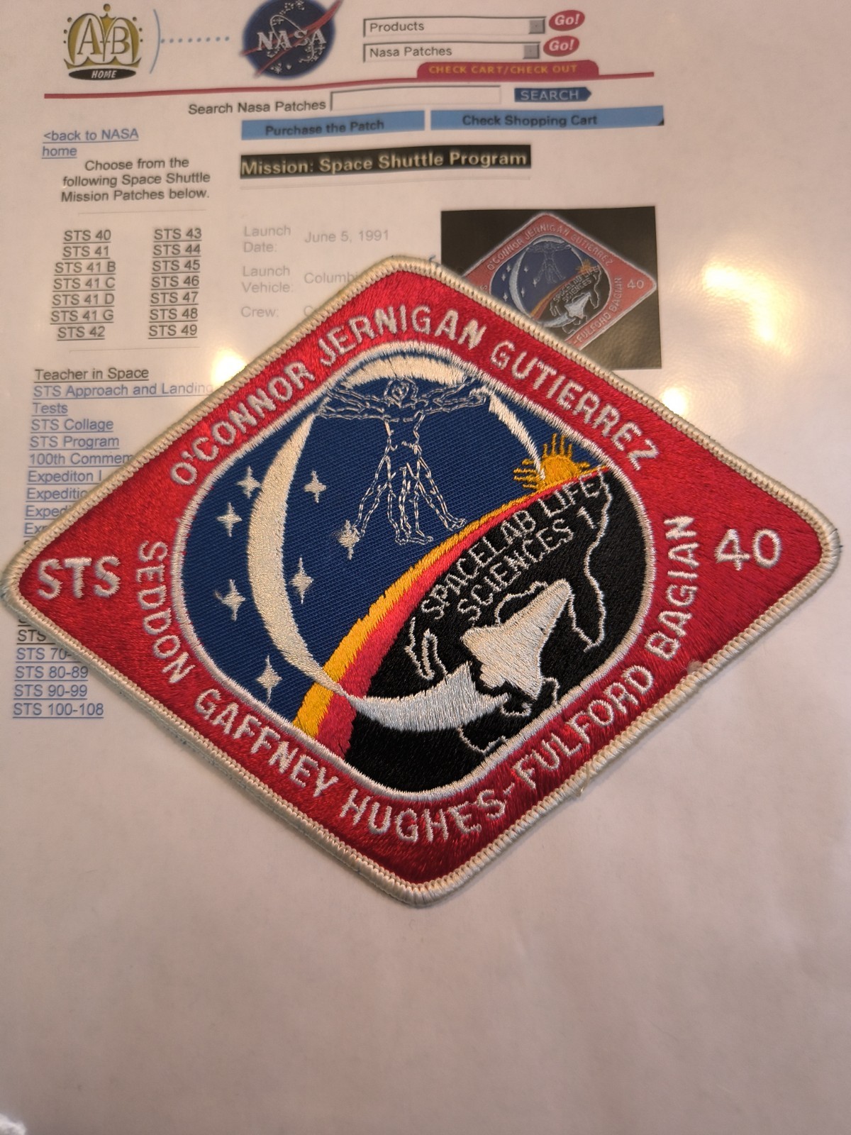 STS-40 SPACE SHUTTLE PATCH O'CONNOR-GUTIERREZ-BAGIAN-JERNIGAN-SEDDON- 5"X6"