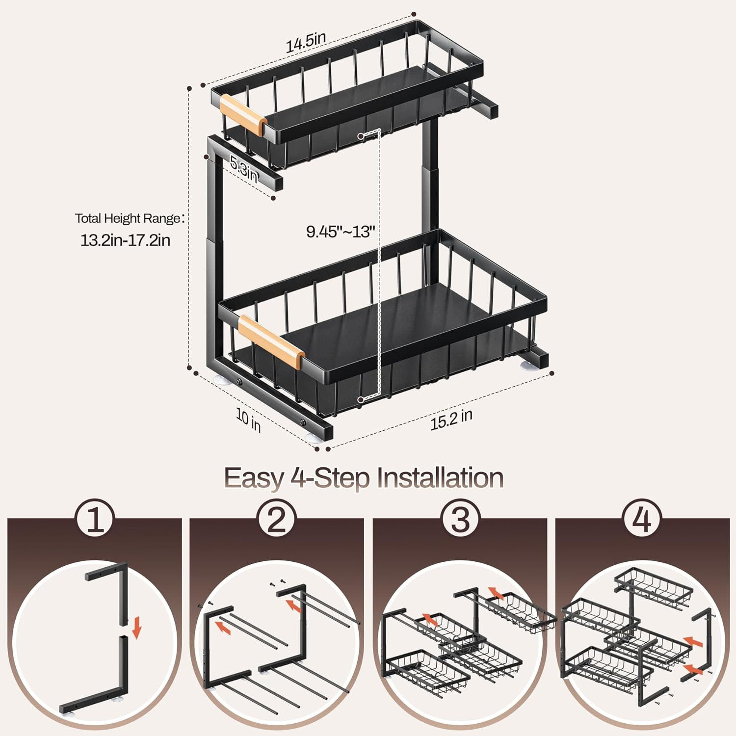 under Sink Organizer, 2 Pack 2 Tier Expandable Height (13.2" - 17.2") Pull Out K
