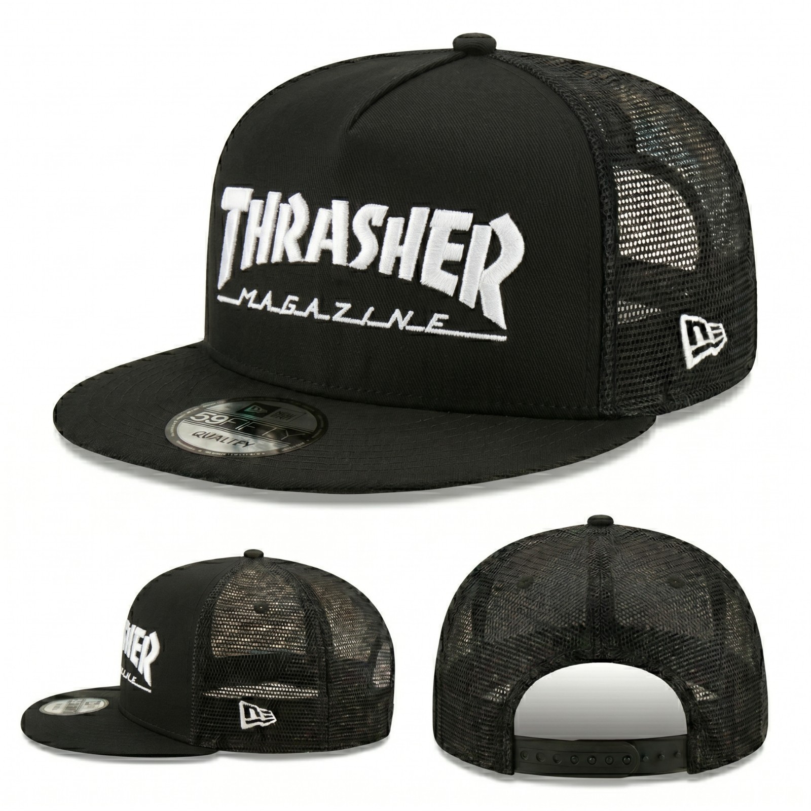THRASHER Embroidered New Era 59Fifty Snapback Black Mesh Trucker Hat Cap