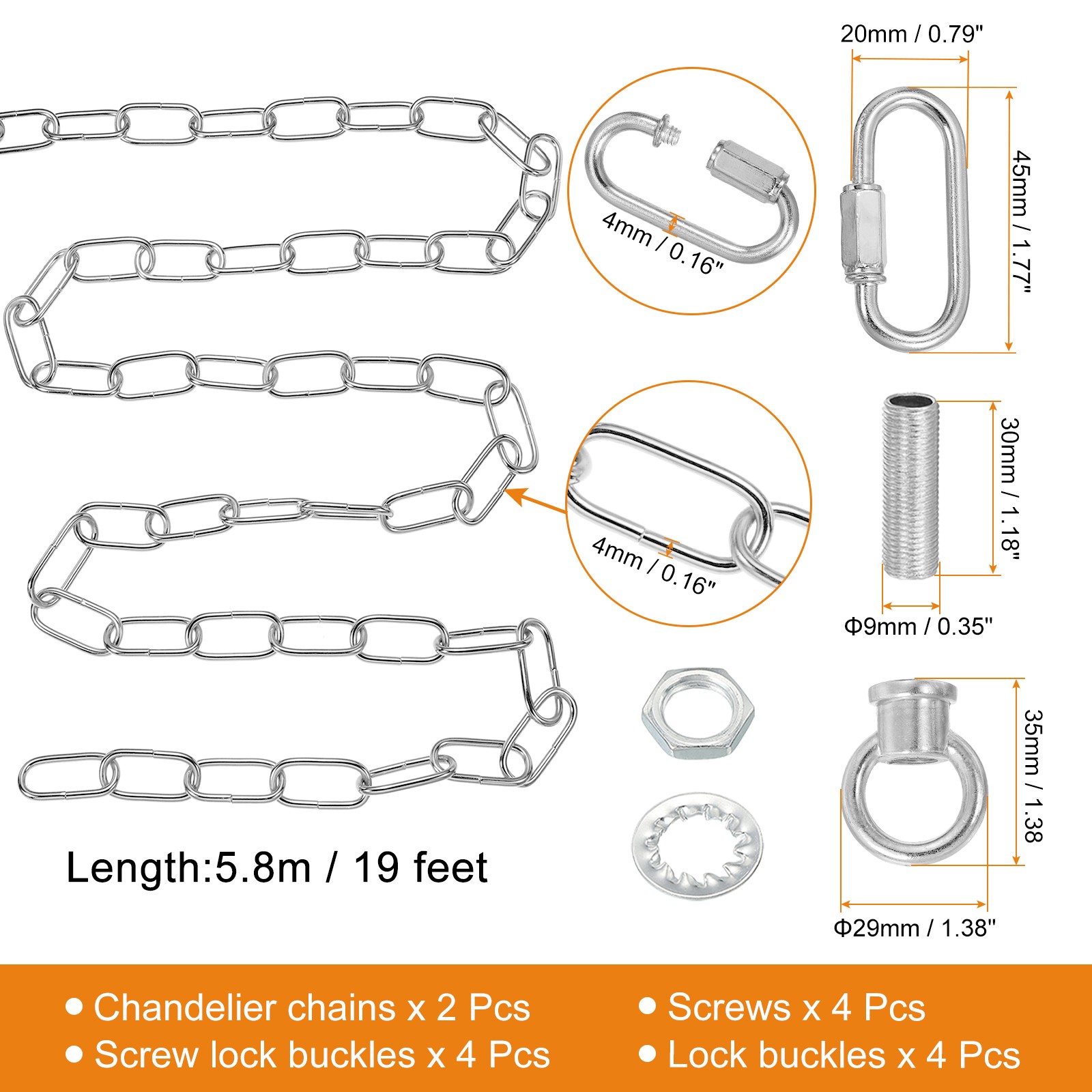 10 Feet Lighting Chain for Hanging Lamp, 2 Set Light Fixture Chain 65 Lbs Silver